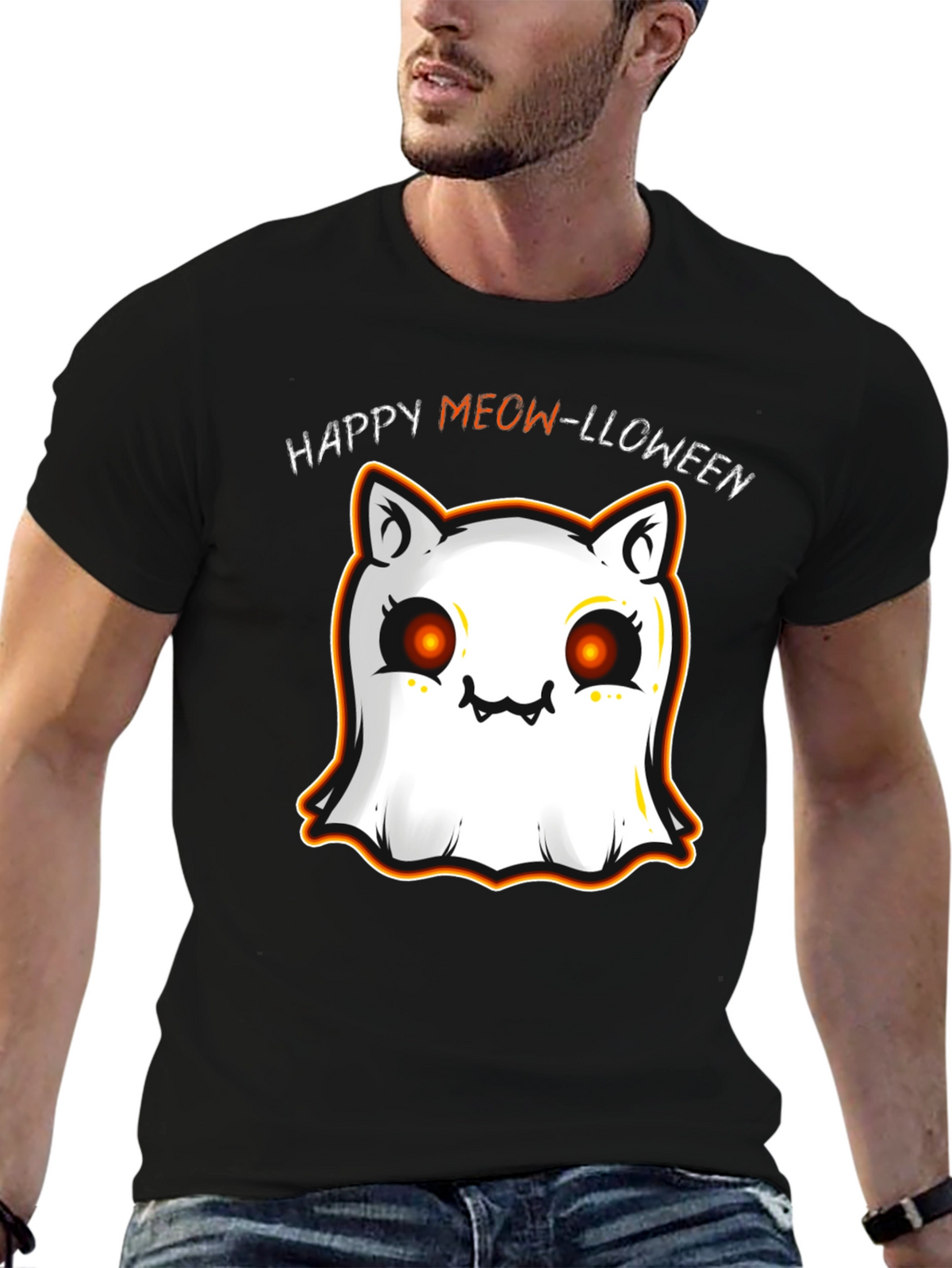 Happy Meow-lloween Cat Ghost Black T-Shirt