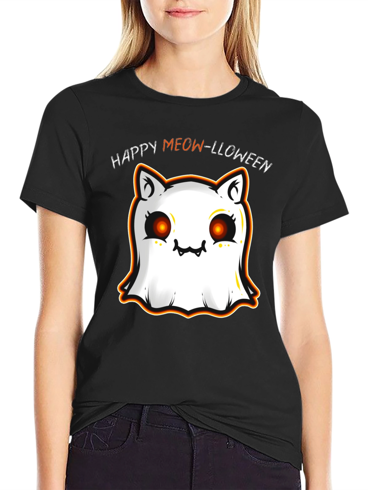 Happy Meow-lloween Cat Ghost Black T-Shirt