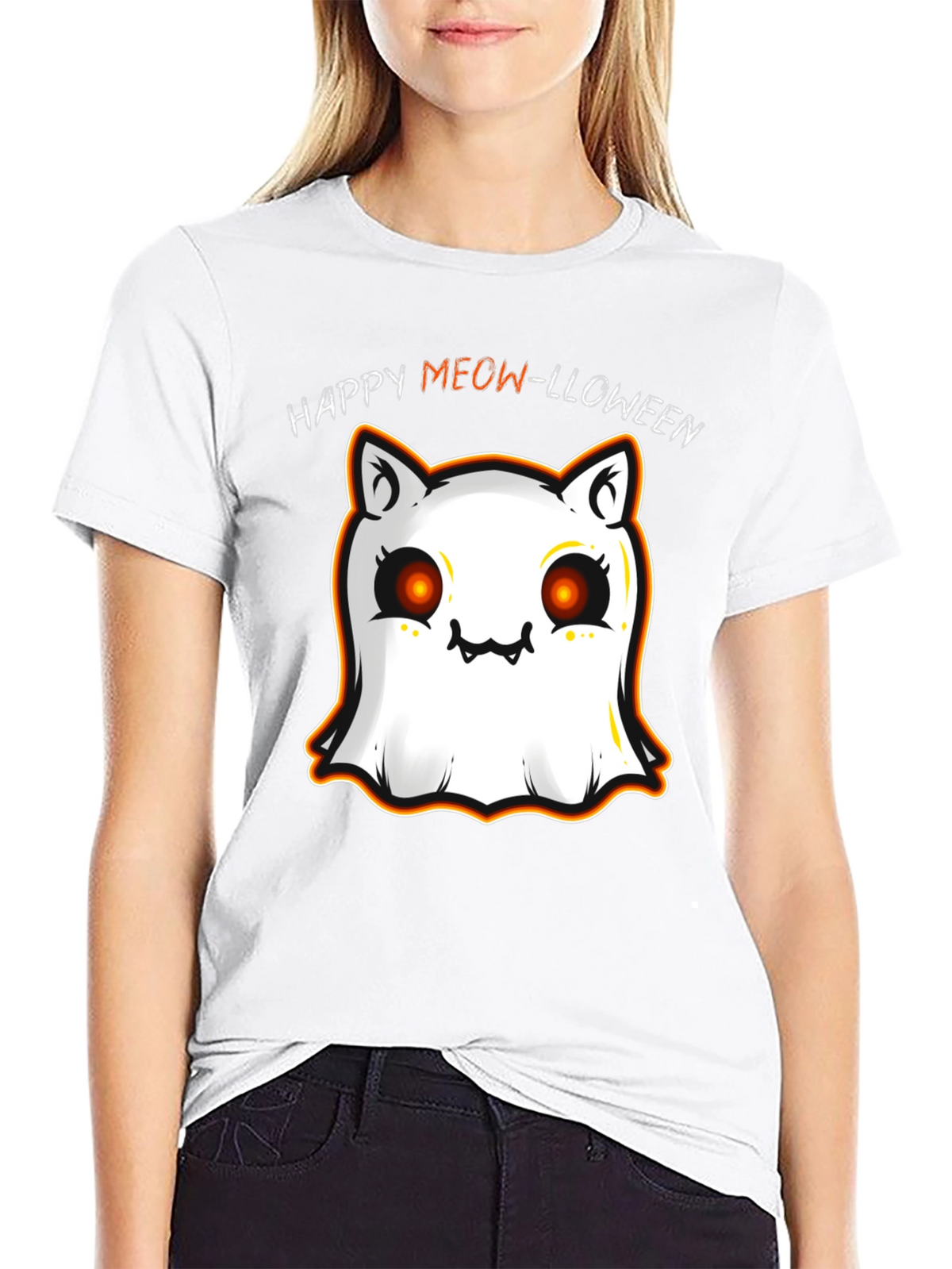 Happy Meow-lloween Cat Ghost Black T-Shirt