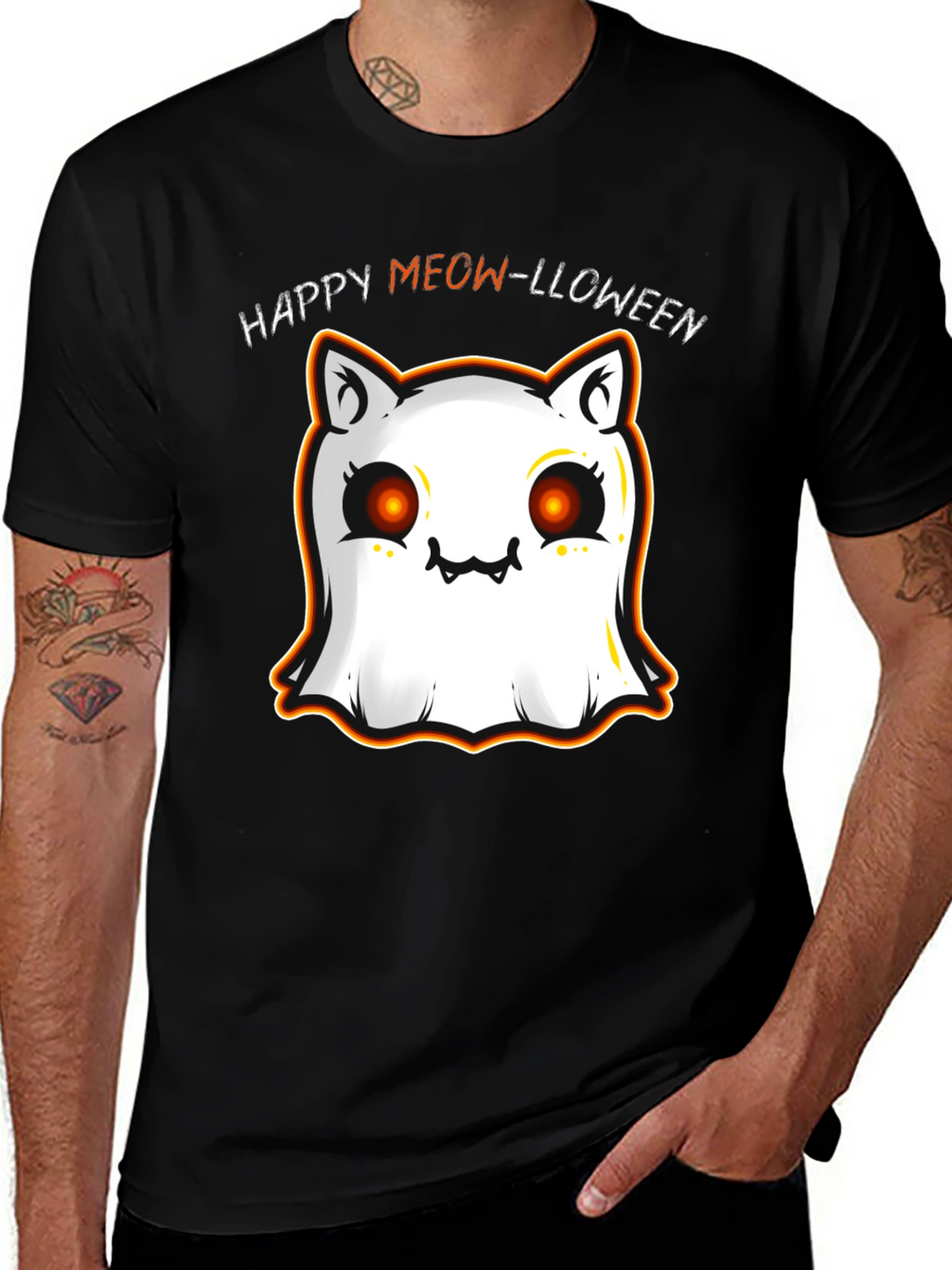 Happy Meow-lloween Cat Ghost Black T-Shirt