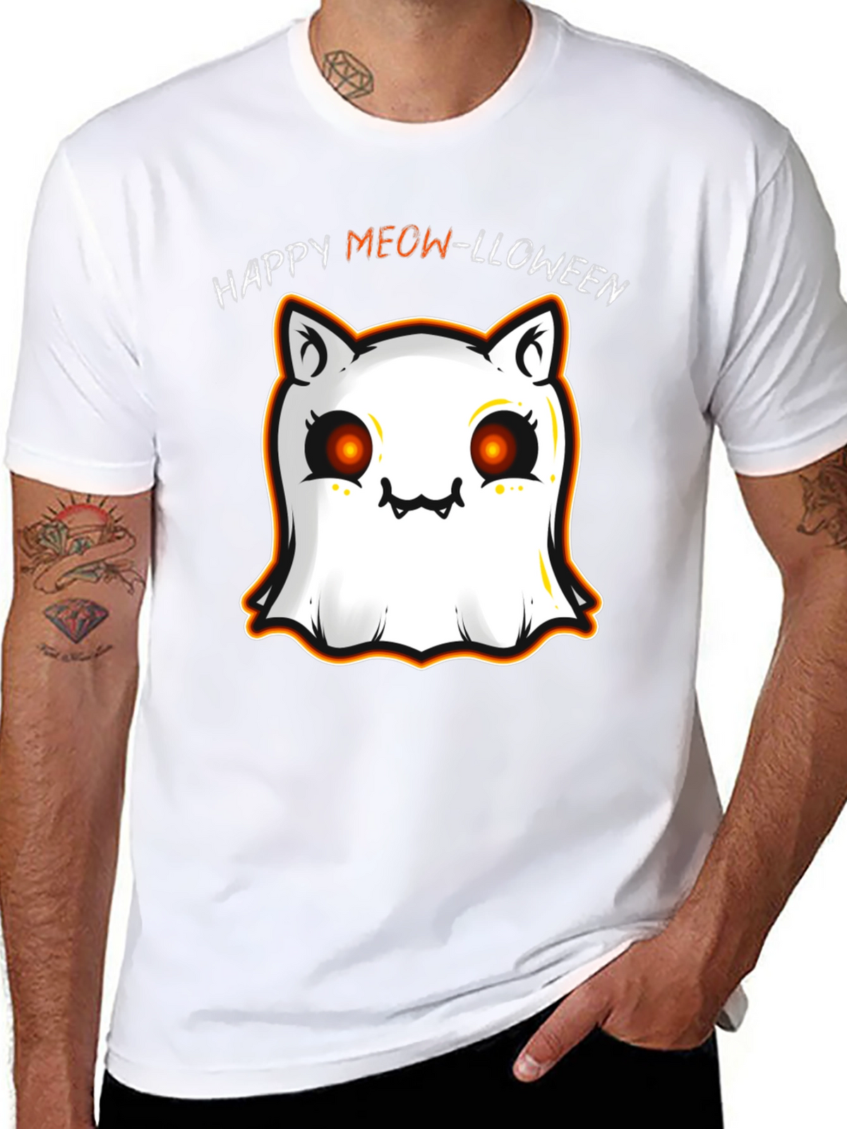 Happy Meow-lloween Cat Ghost Black T-Shirt