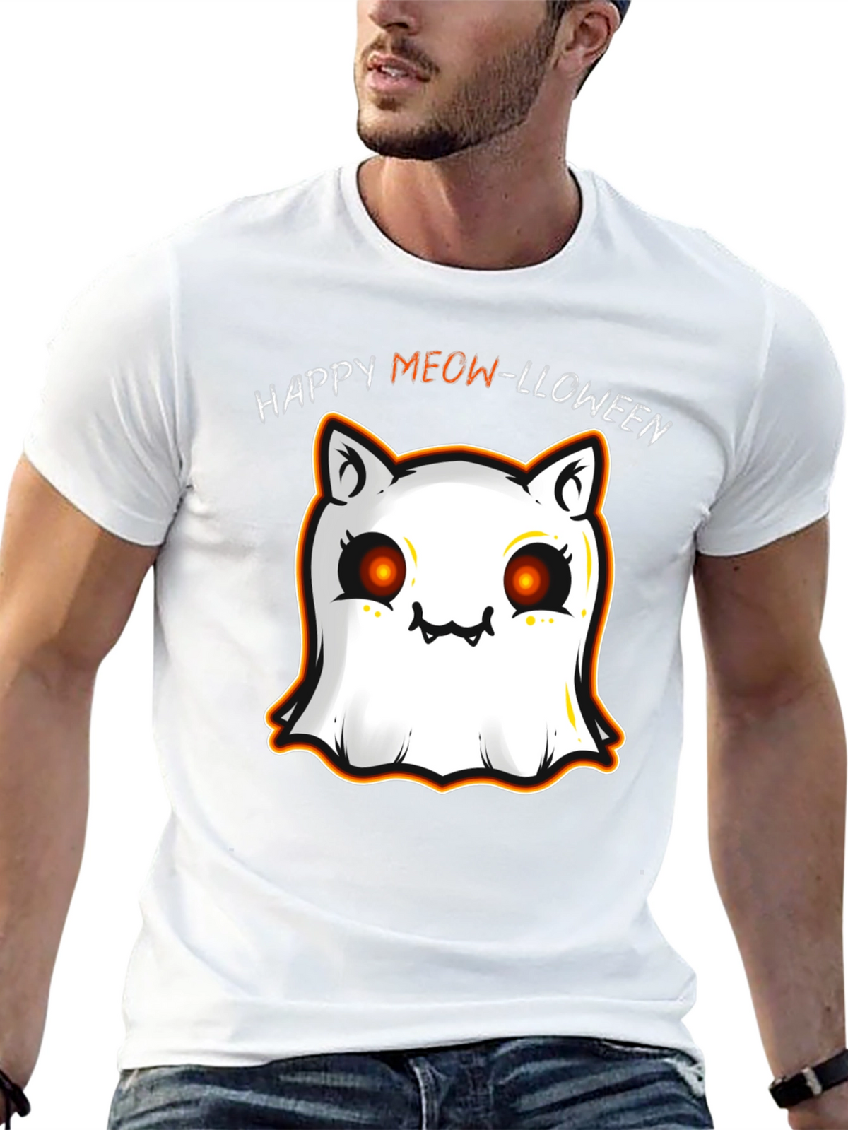 Happy Meow-lloween Cat Ghost Black T-Shirt