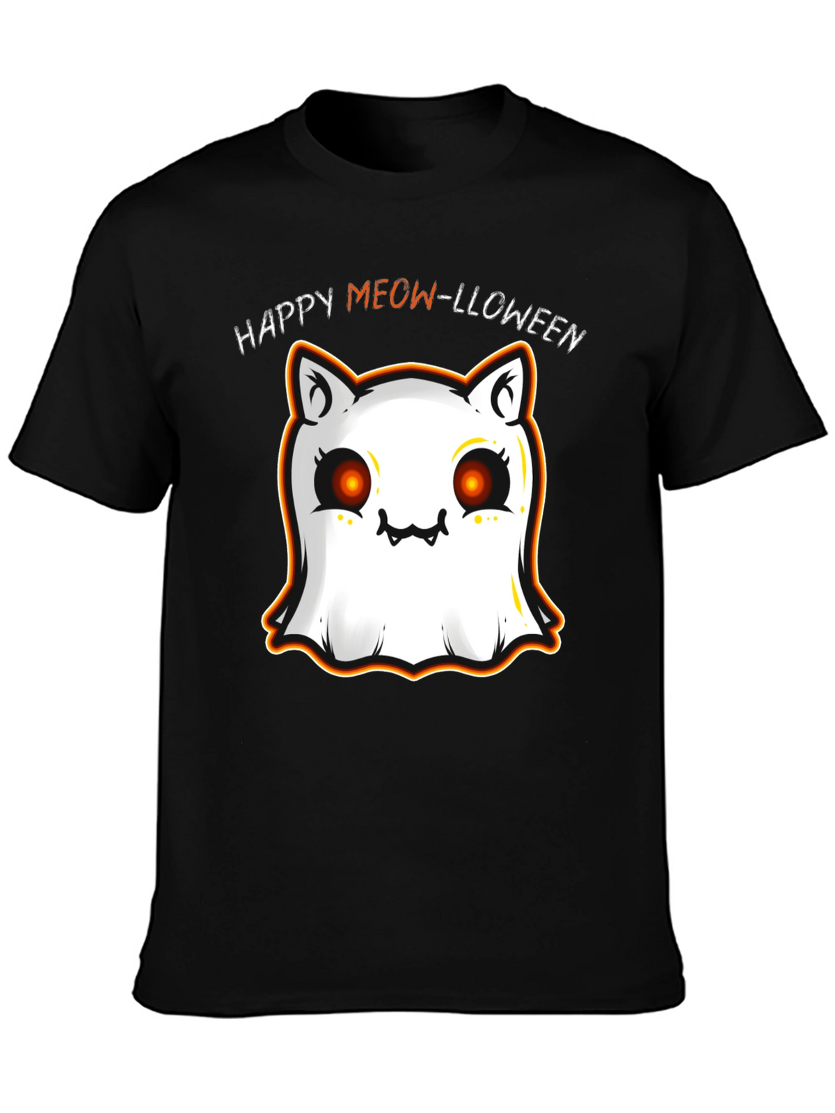 Happy Meow-lloween Cat Ghost Black T-Shirt