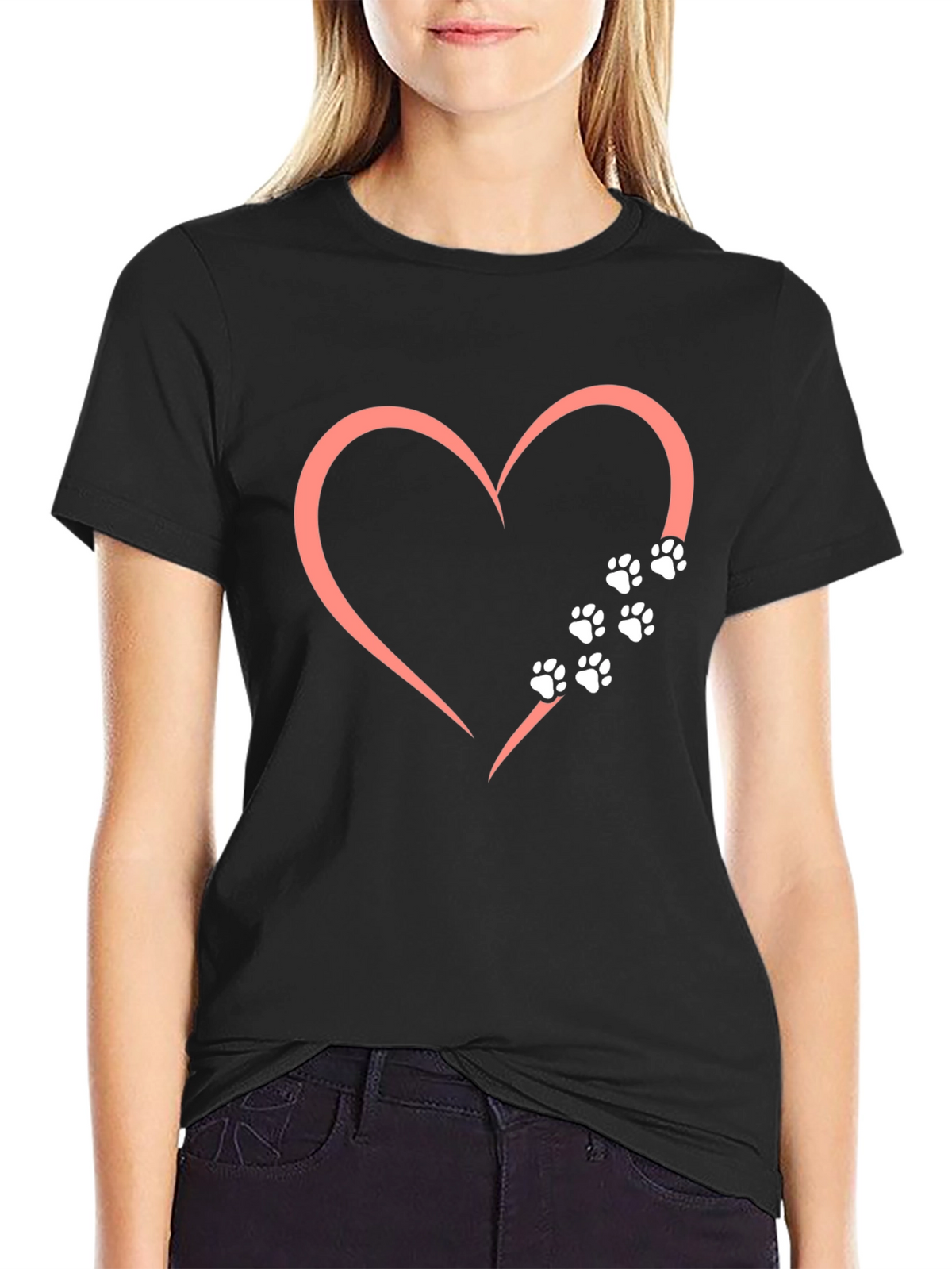 Heart Paw Print Graphic T-Shirt - Black