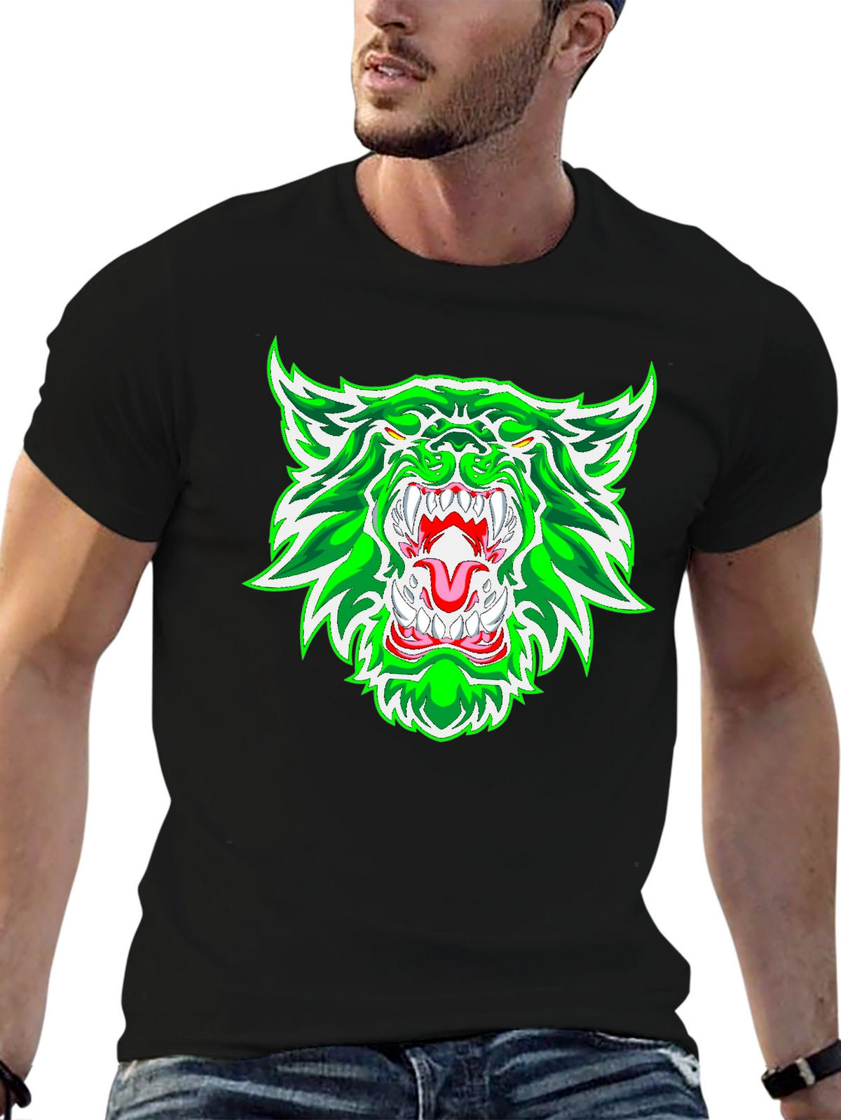 Green Rage Wolf Graphic Print Tee