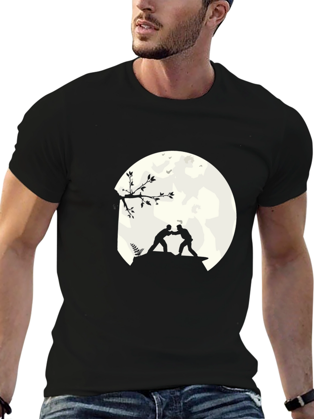 Mens Black T-Shirt with Wrestling Silhouette