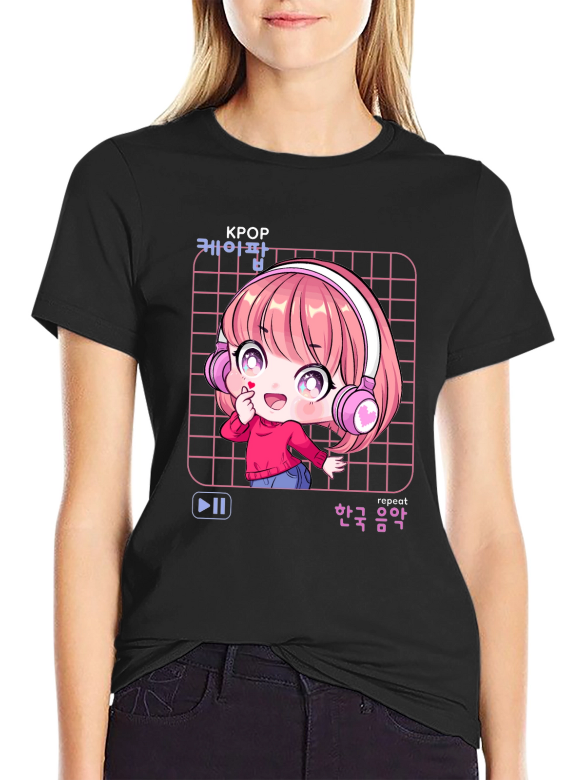 K-Pop Anime Girl Black T-Shirt