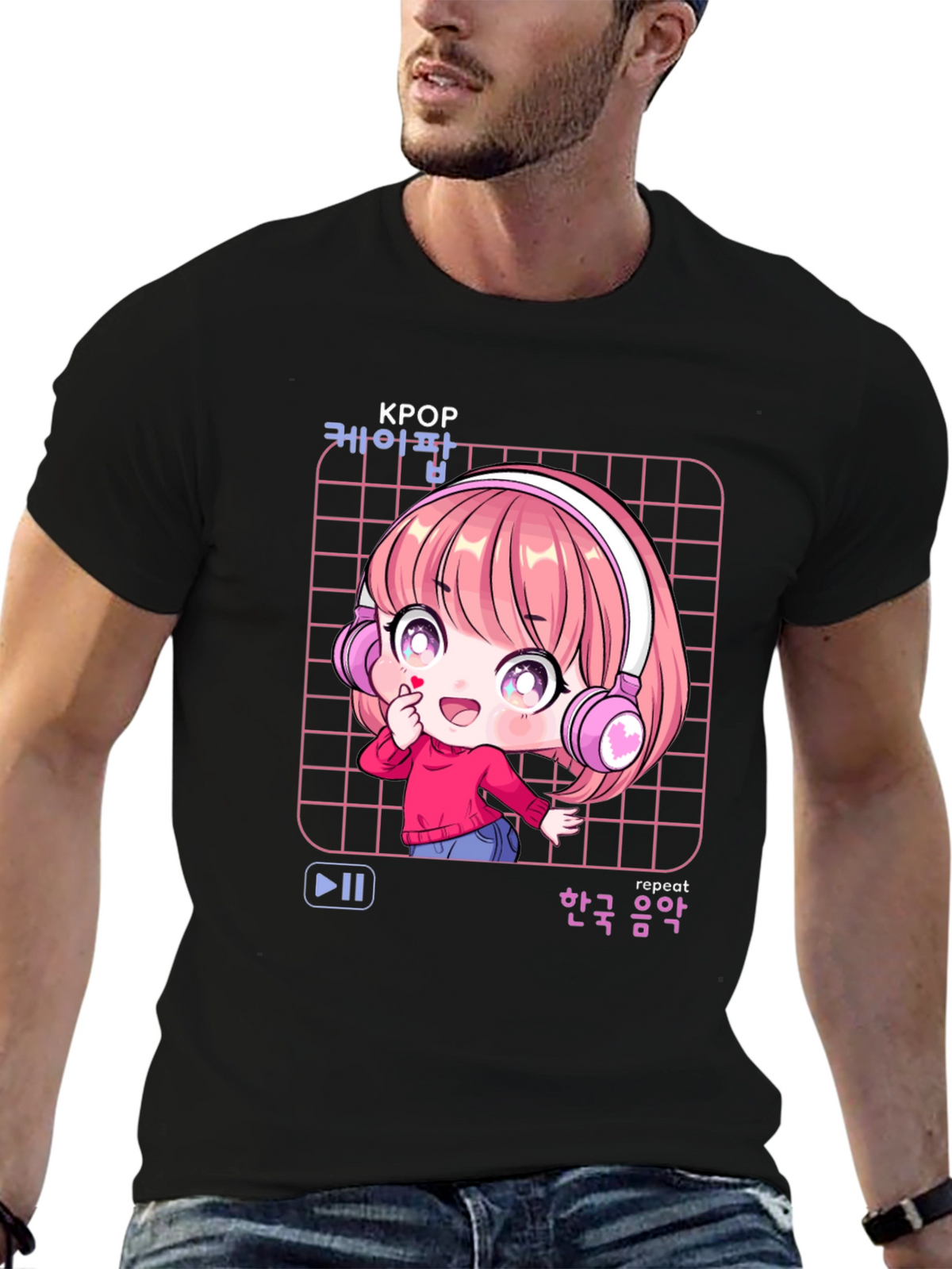 K-Pop Anime Girl Black T-Shirt