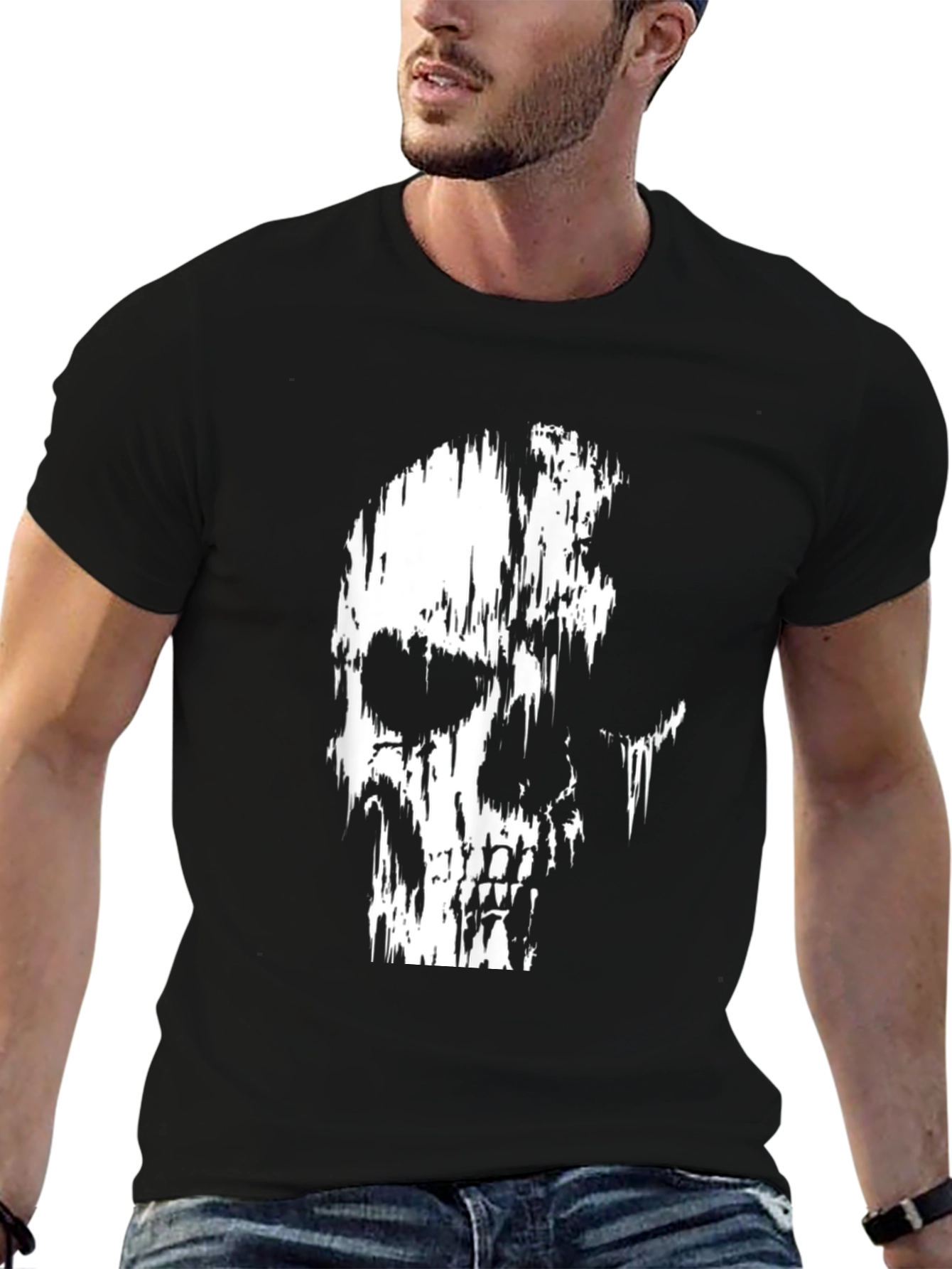 Distressed Skull Graphic Print Black T-Shirt
