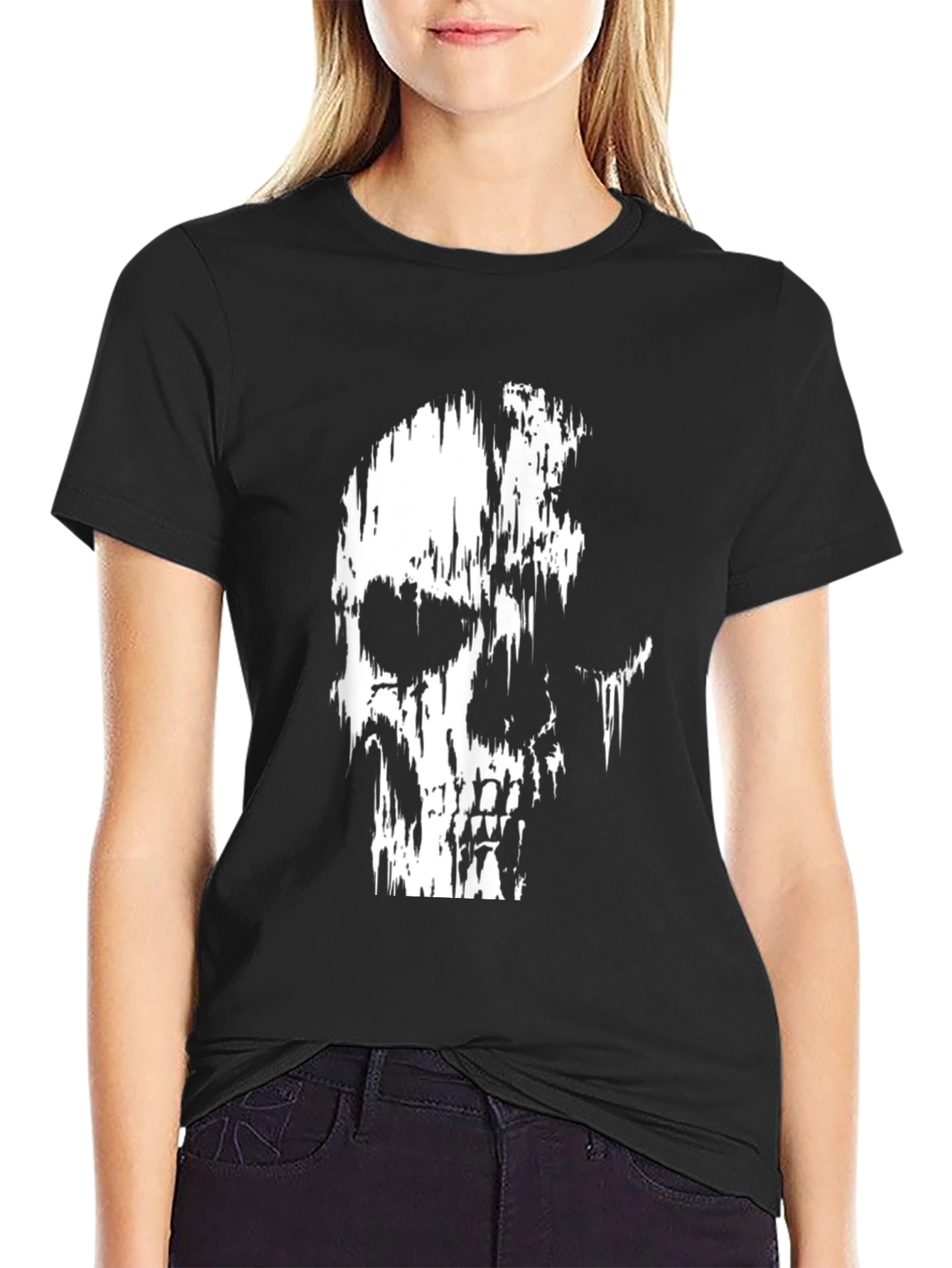 Distressed Skull Graphic Print Black T-Shirt