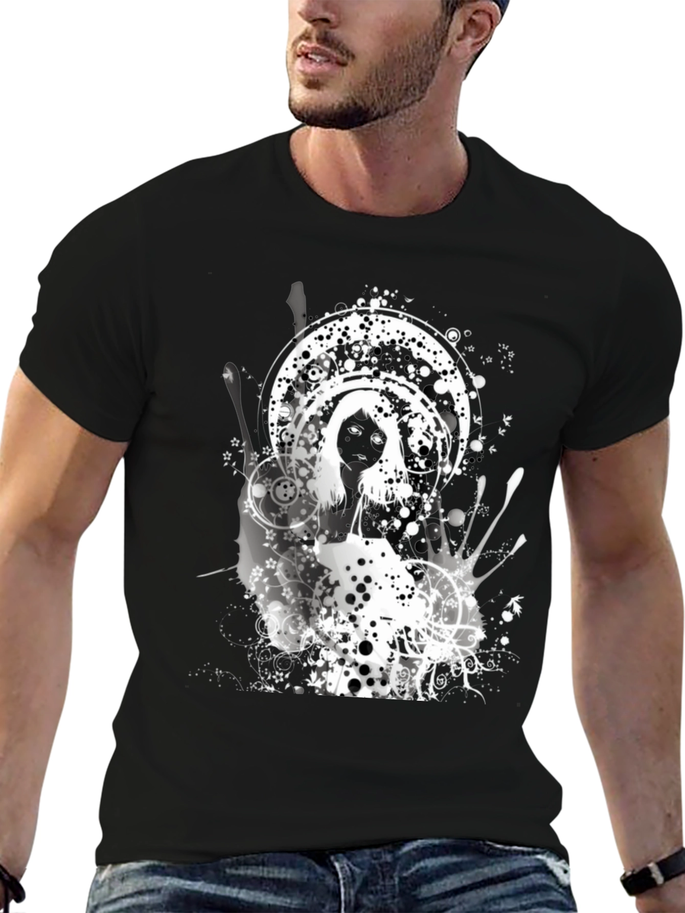 Abstract Graphic Print Black Crew Neck Tee