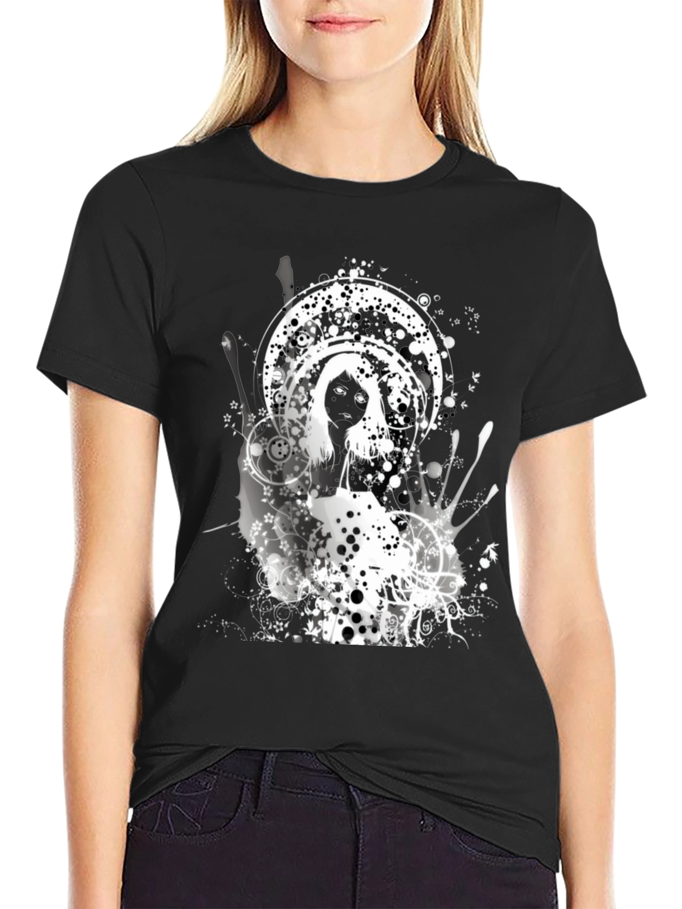 Abstract Graphic Print Black Crew Neck Tee