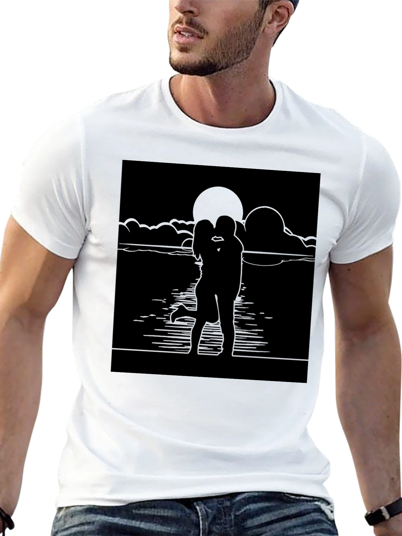 Romantic Sunset Kiss T-Shirt - Black Graphic Tee