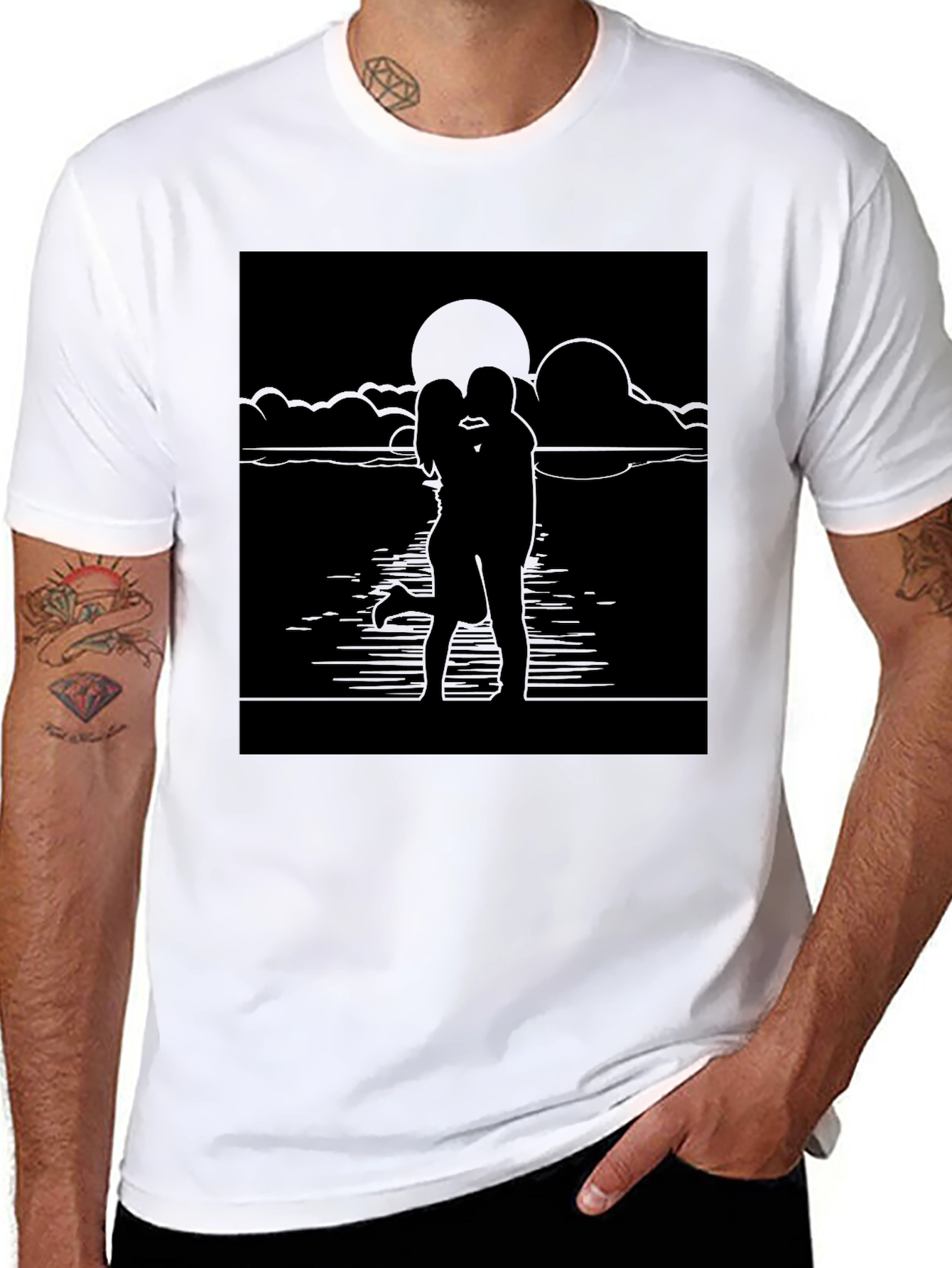 Romantic Sunset Kiss T-Shirt - Black Graphic Tee