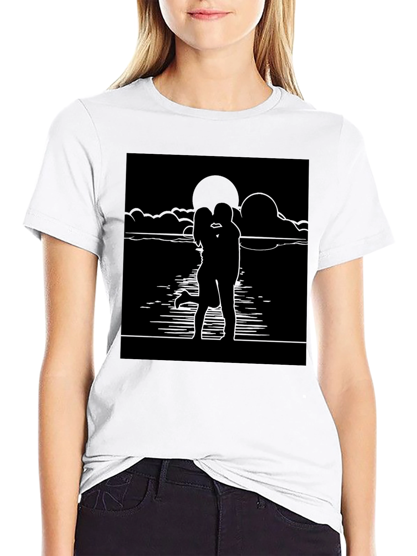 Romantic Sunset Kiss T-Shirt - Black Graphic Tee