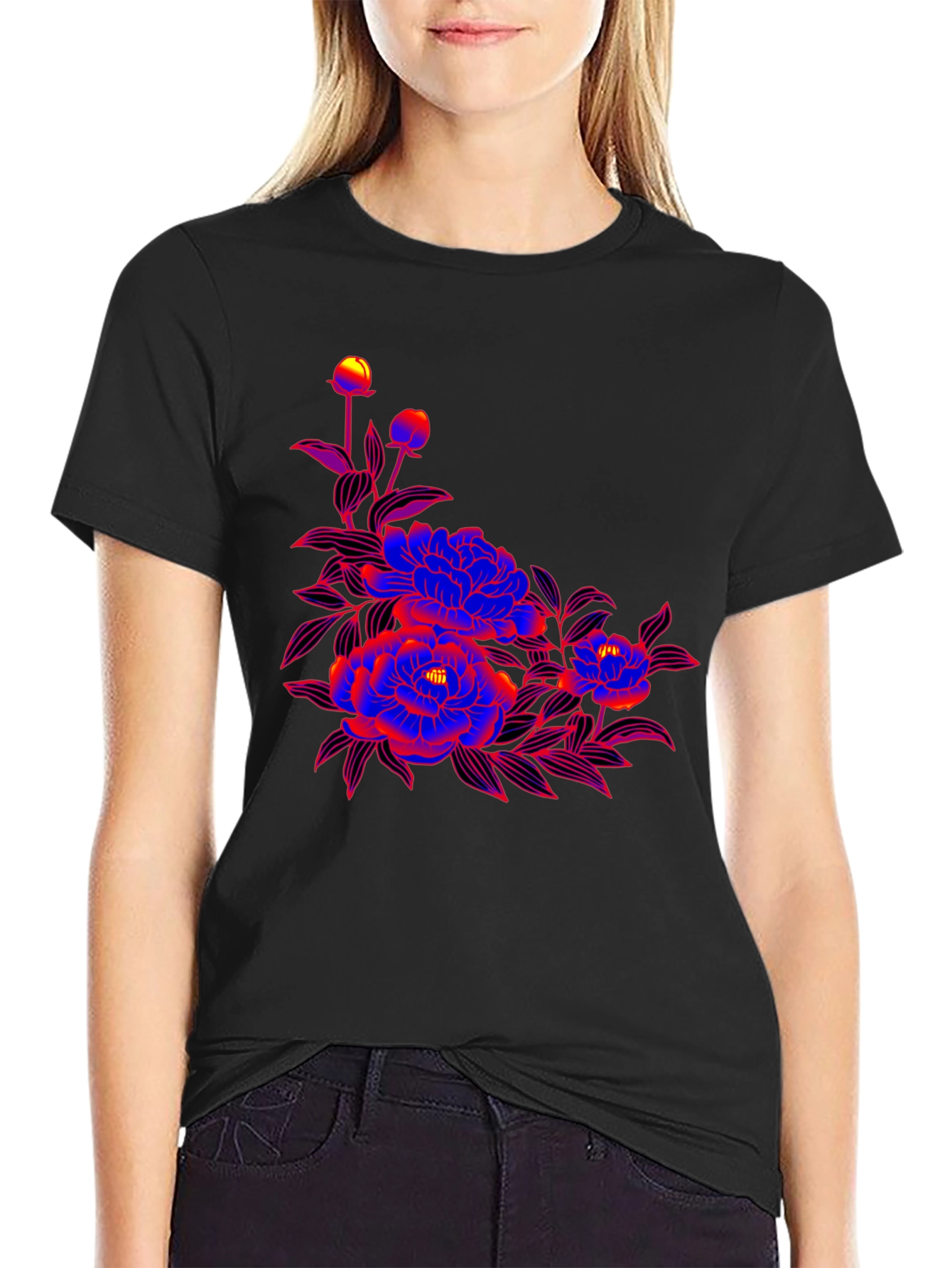 Bold Floral Graphic Print Black T-Shirt