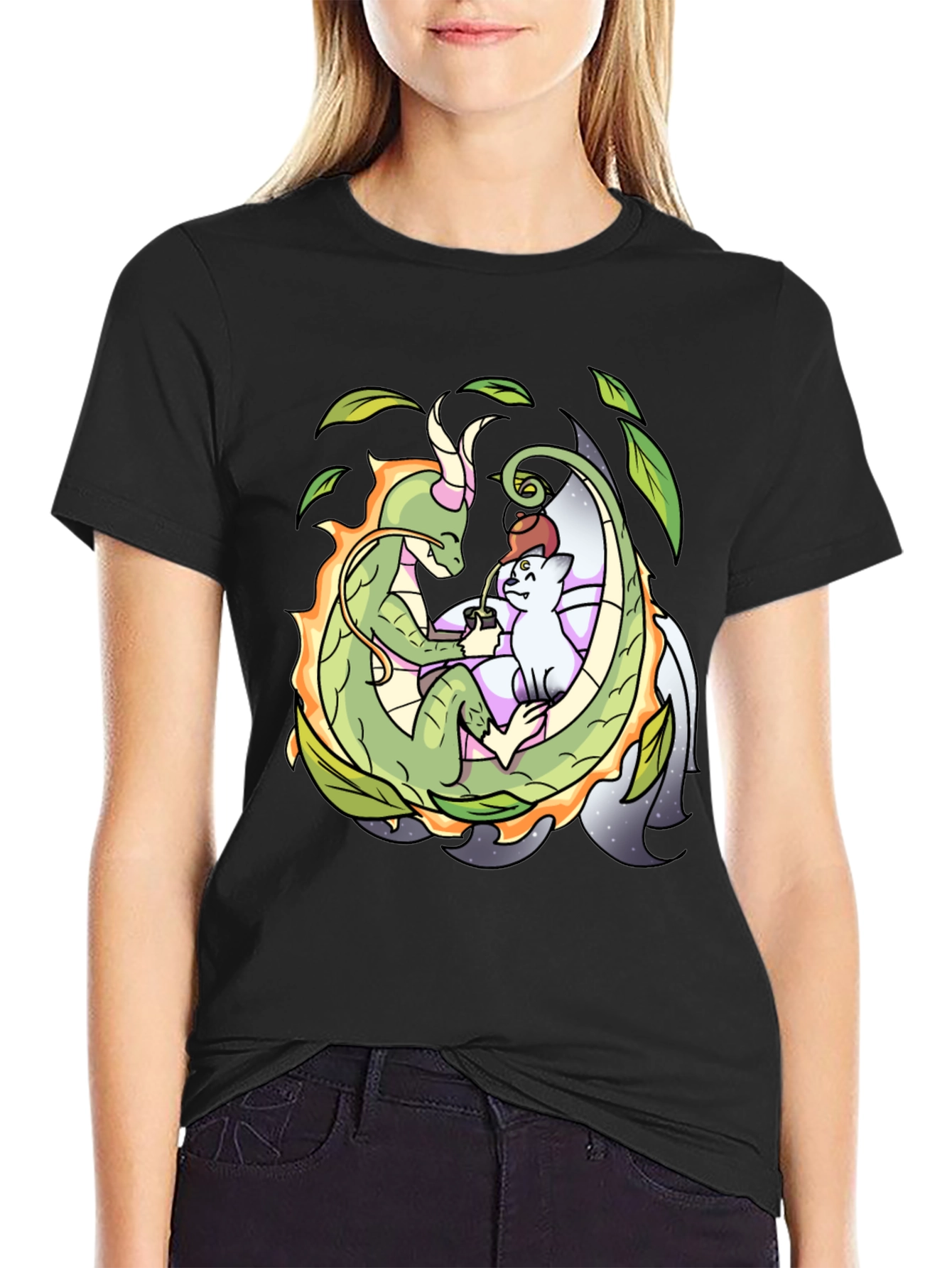 Dragon & Cat Tea Party Black T-Shirt