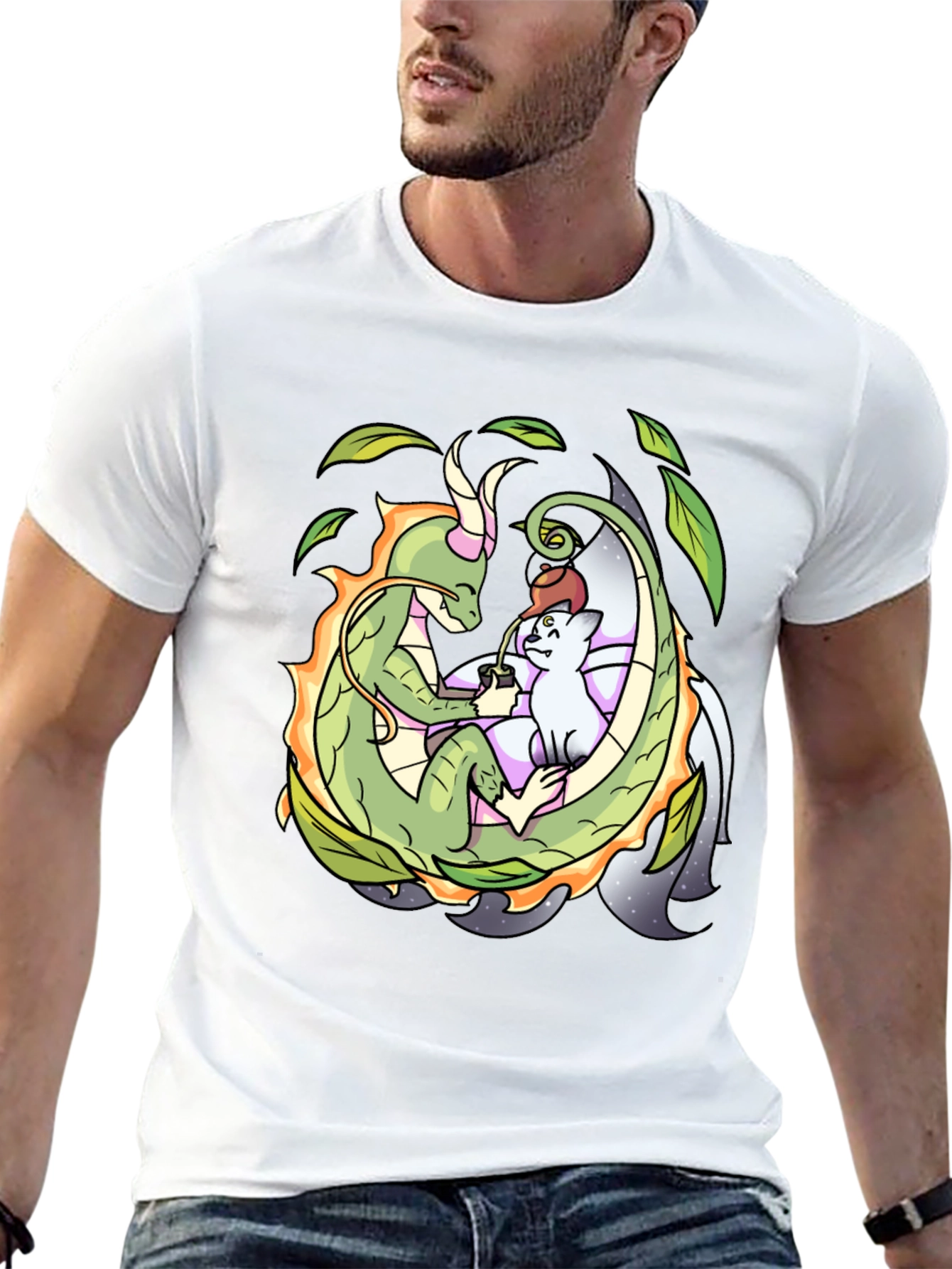 Dragon & Cat Tea Party Black T-Shirt