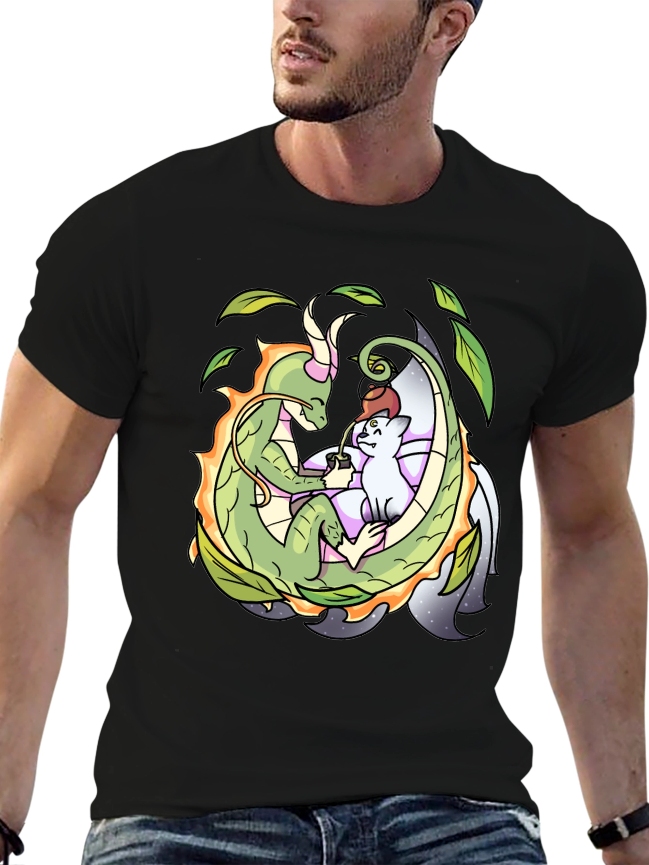 Dragon & Cat Tea Party Black T-Shirt