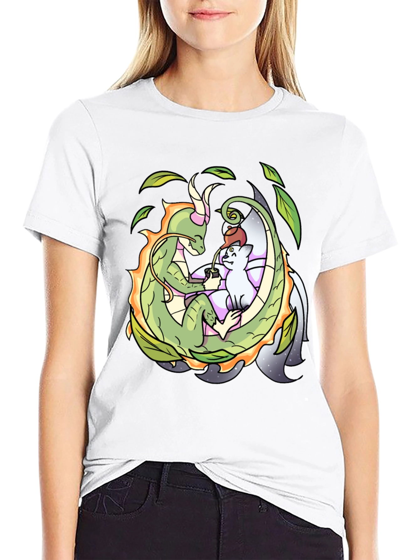 Dragon & Cat Tea Party Black T-Shirt