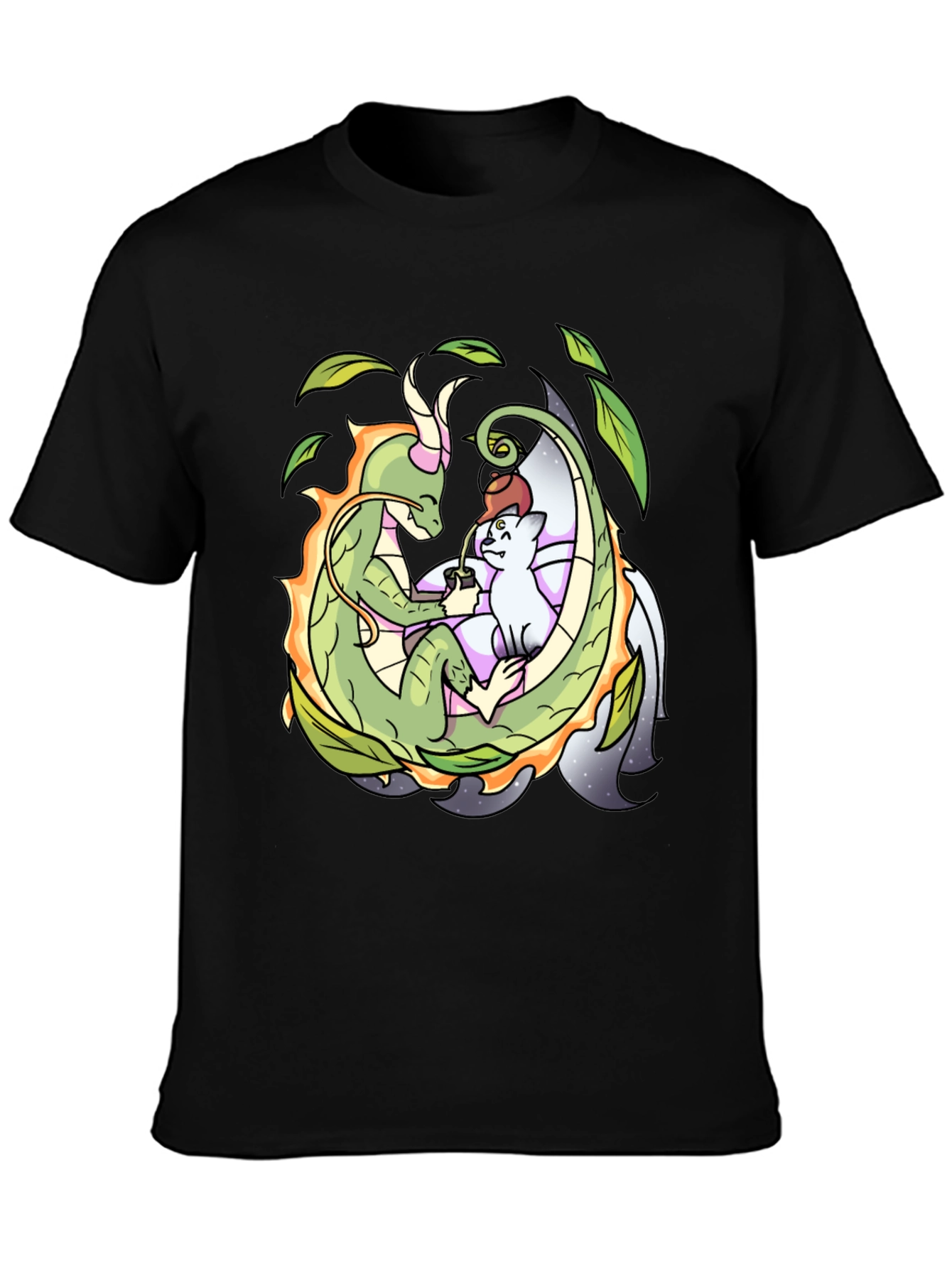 Dragon & Cat Tea Party Black T-Shirt
