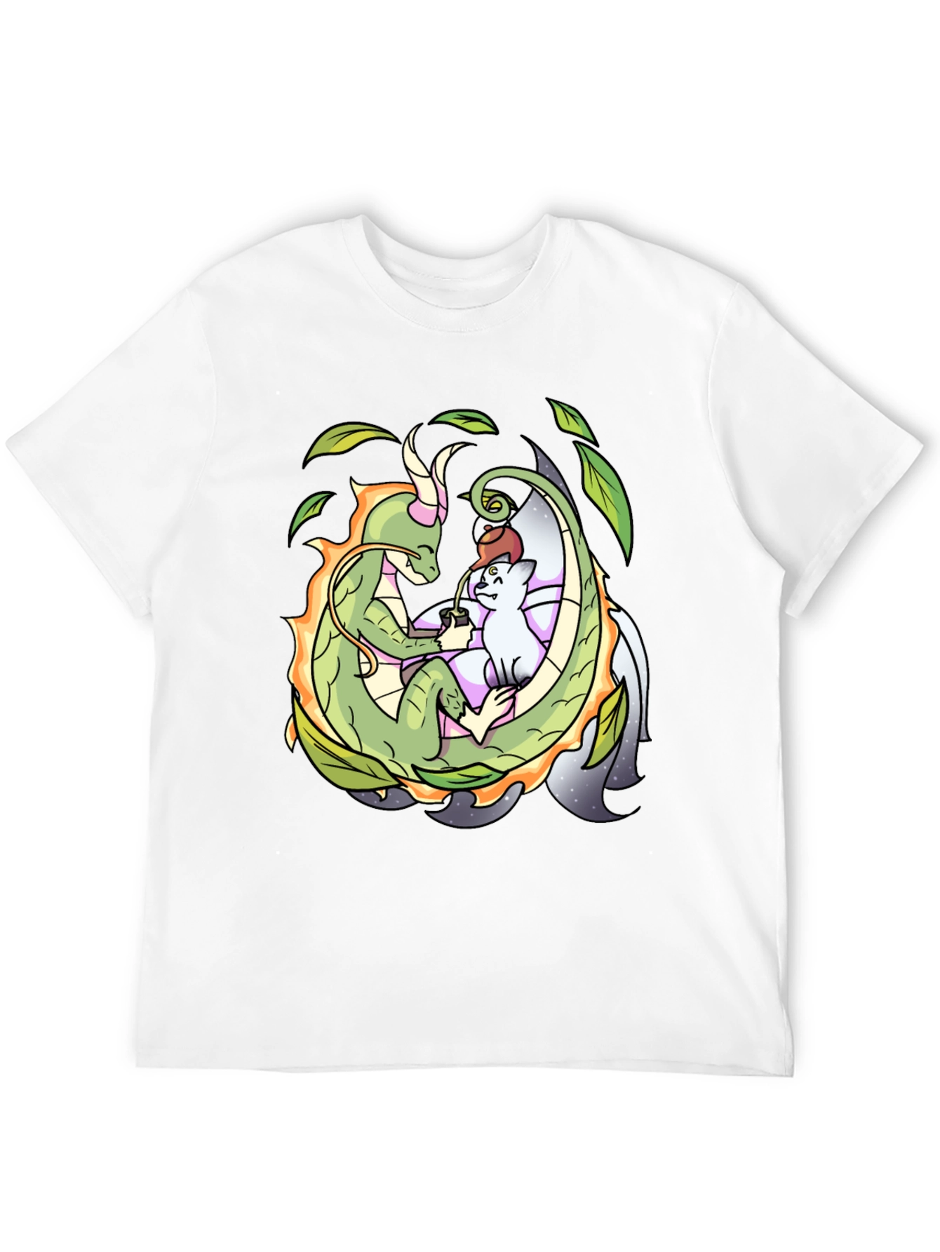 Dragon & Cat Tea Party Black T-Shirt