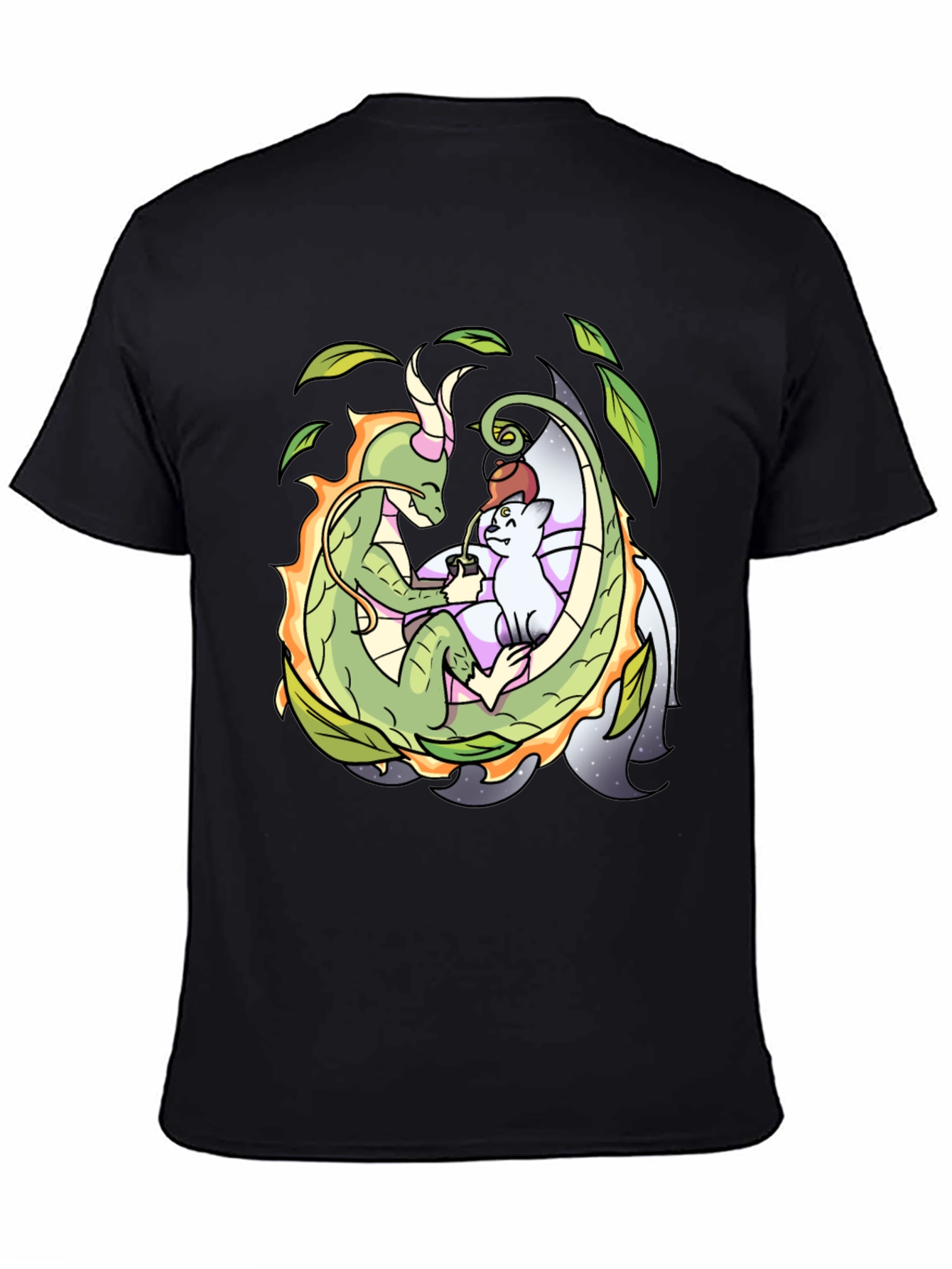 Dragon & Cat Tea Party Black T-Shirt
