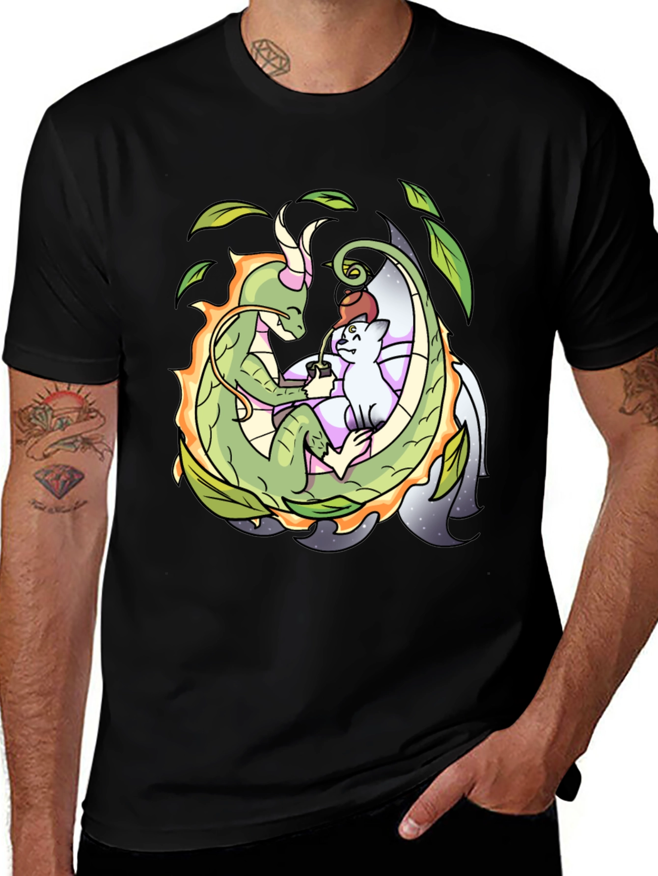 Dragon & Cat Tea Party Black T-Shirt
