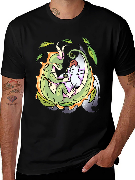 Dragon & Cat Tea Party Black T-Shirt