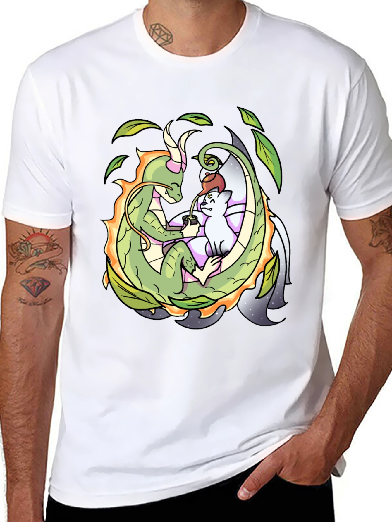 Dragon & Cat Tea Party Black T-Shirt
