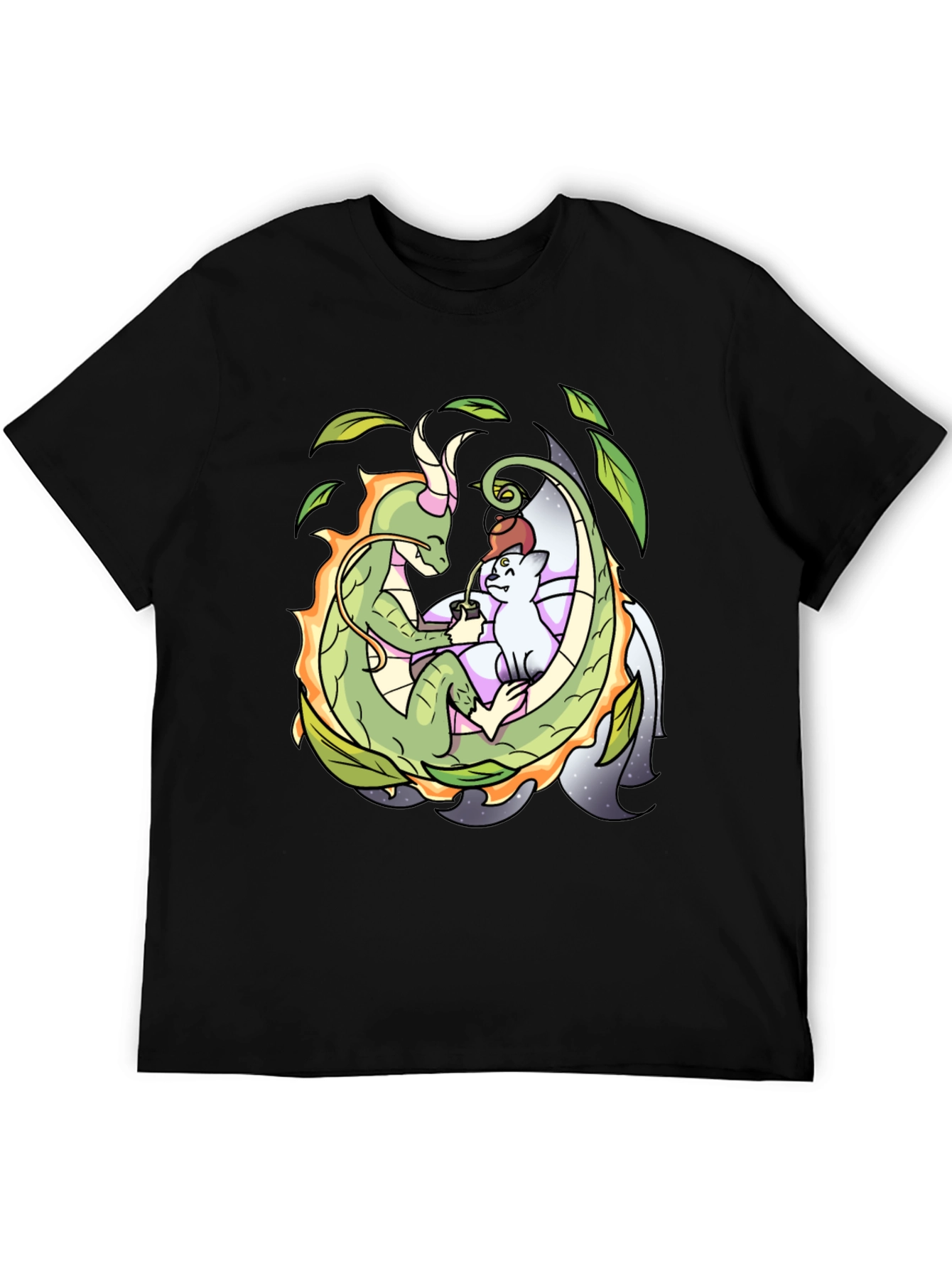 Dragon & Cat Tea Party Black T-Shirt