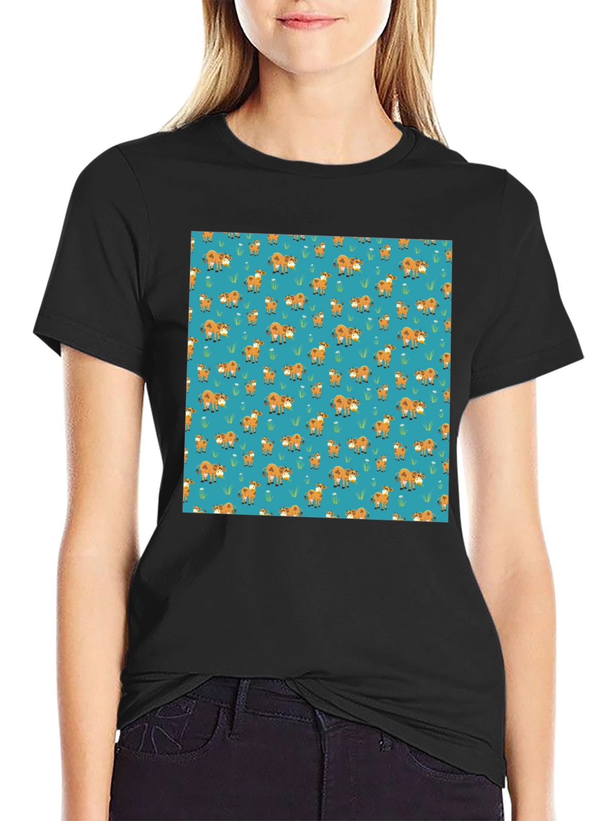 Fox Pattern Black Casual T-Shirt