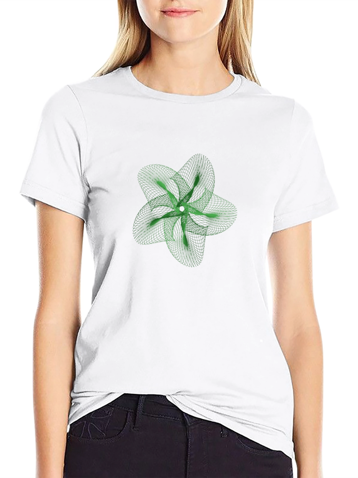 Geometric Green Flower Graphic Black T-Shirt