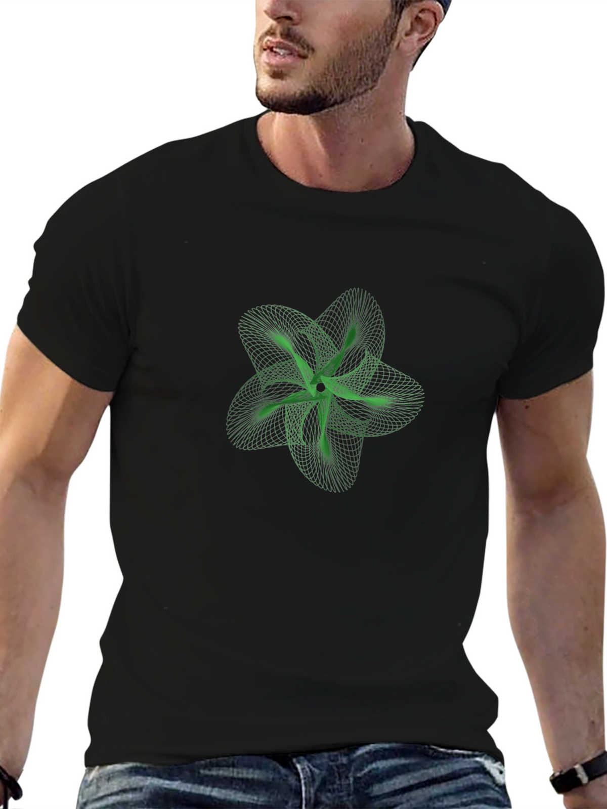 Geometric Green Flower Graphic Black T-Shirt