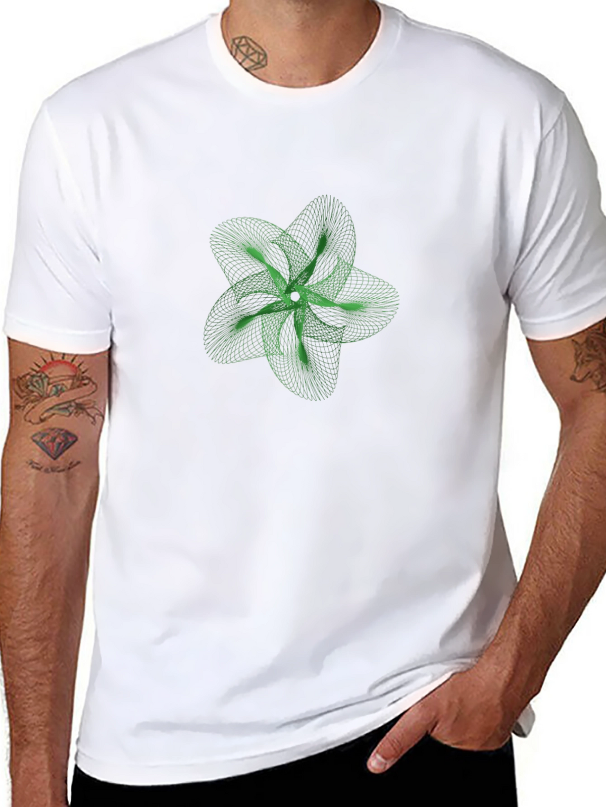Geometric Green Flower Graphic Black T-Shirt