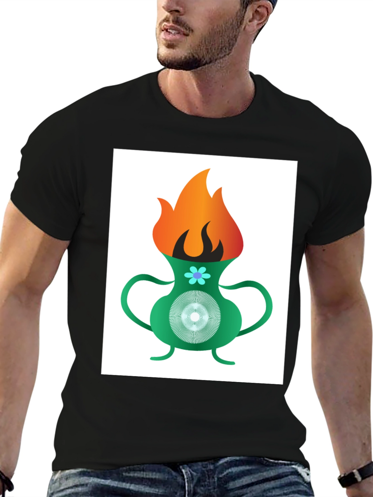 Flame Vase Graphic Tee - Black Cotton T-Shirt