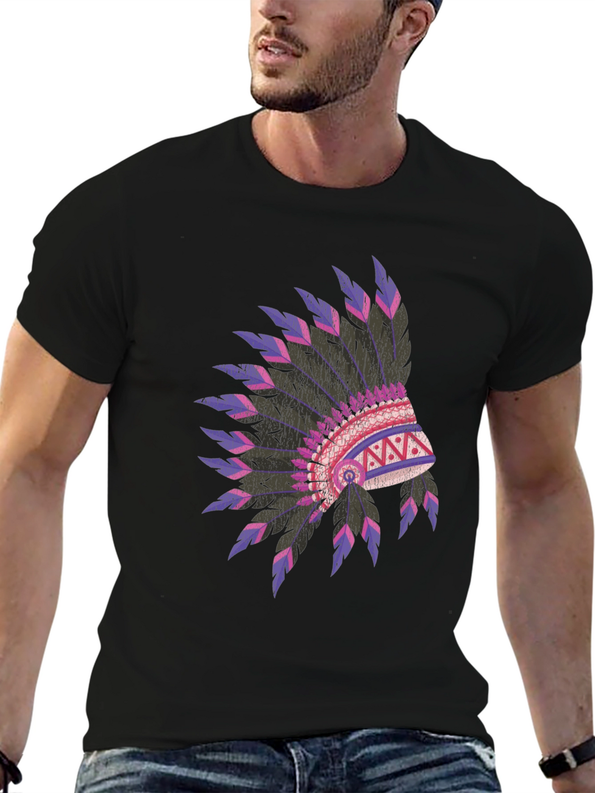 Native American Headdress Graphic Black T-Shirt