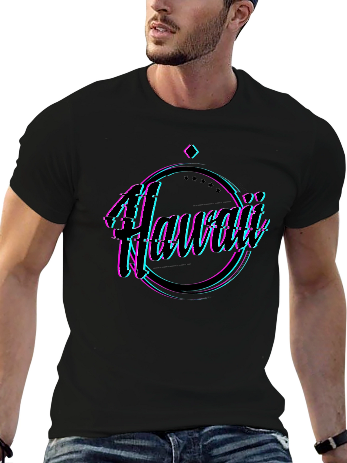 Hawaii Glitch Graphic Black T-Shirt
