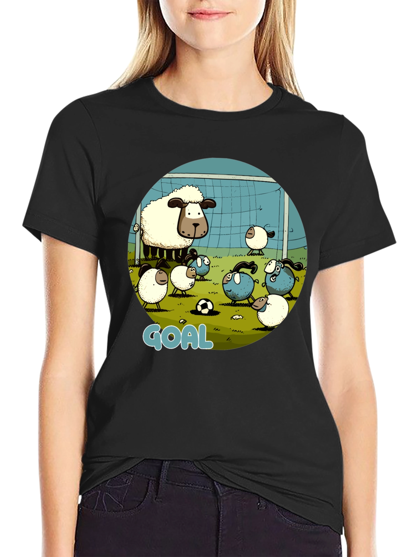 Sheep Soccer Goal T-Shirt - Cartoon Style