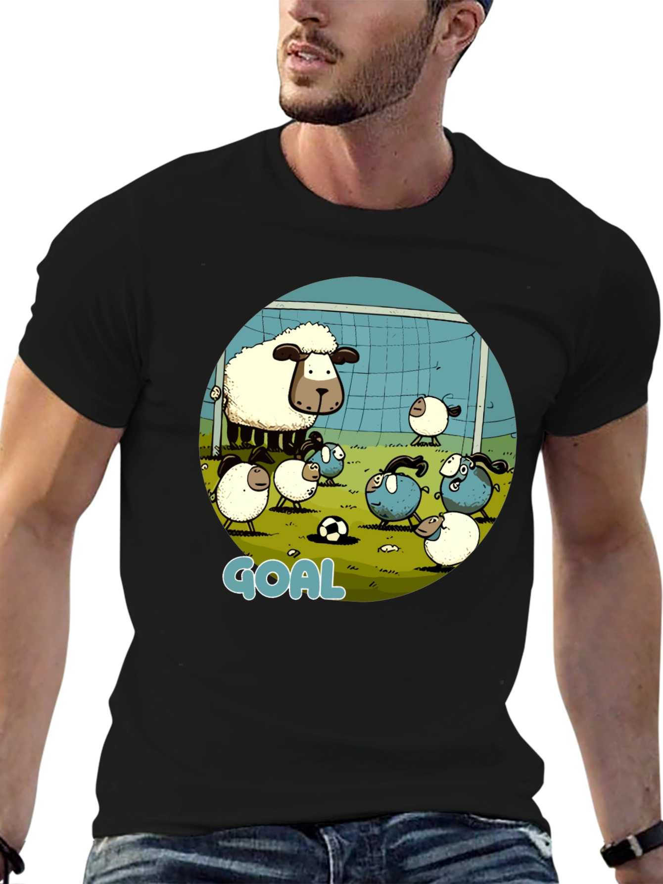 Sheep Soccer Goal T-Shirt - Cartoon Style