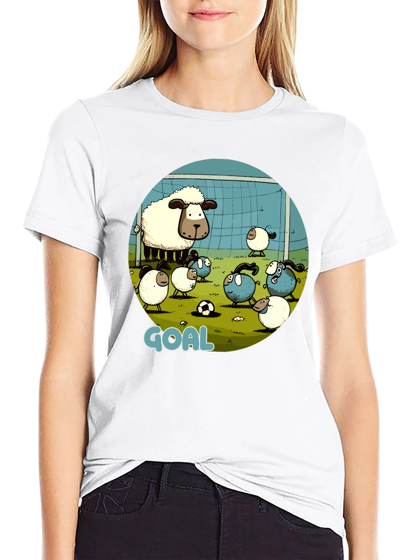 Sheep Soccer Goal T-Shirt - Cartoon Style