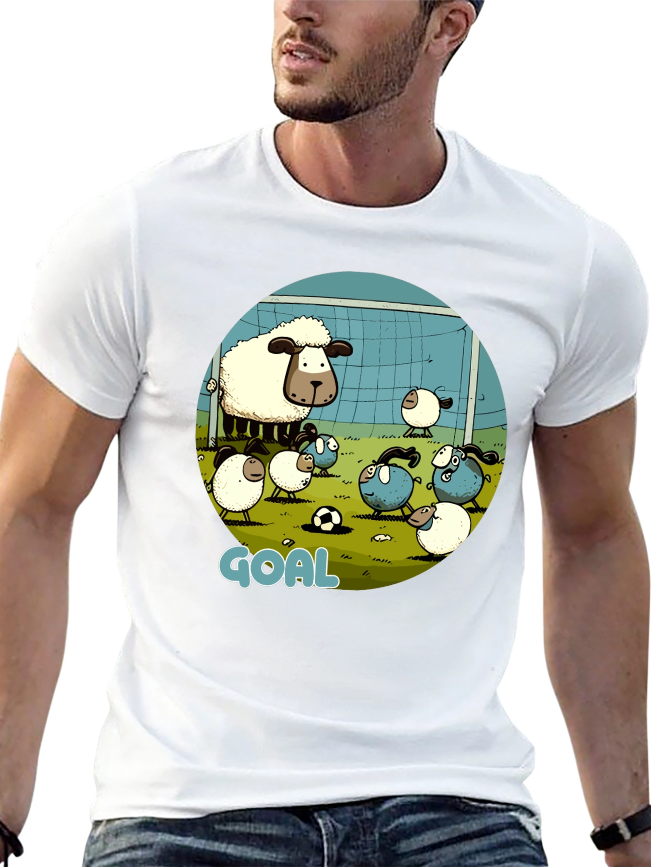 Sheep Soccer Goal T-Shirt - Cartoon Style