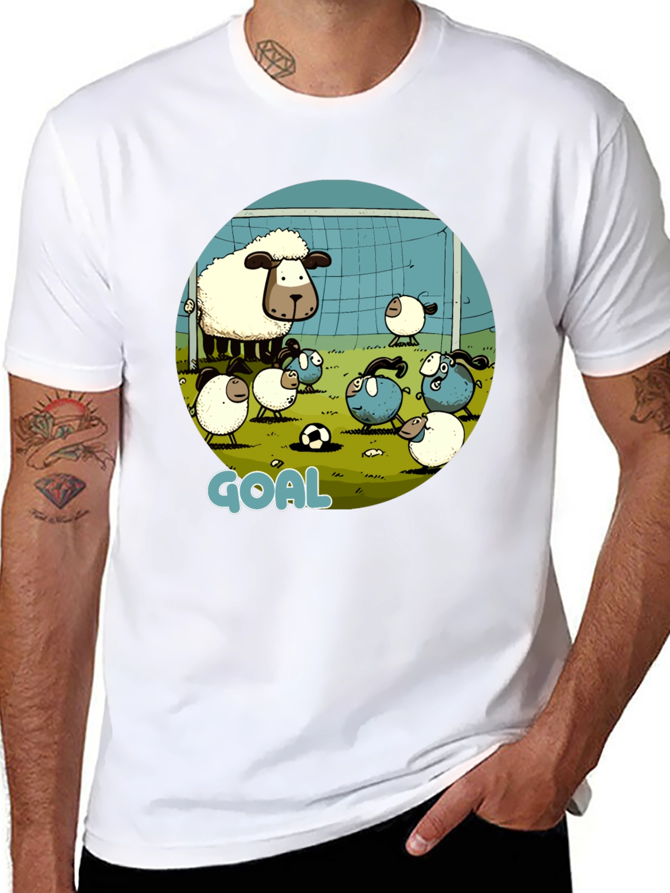 Sheep Soccer Goal T-Shirt - Cartoon Style