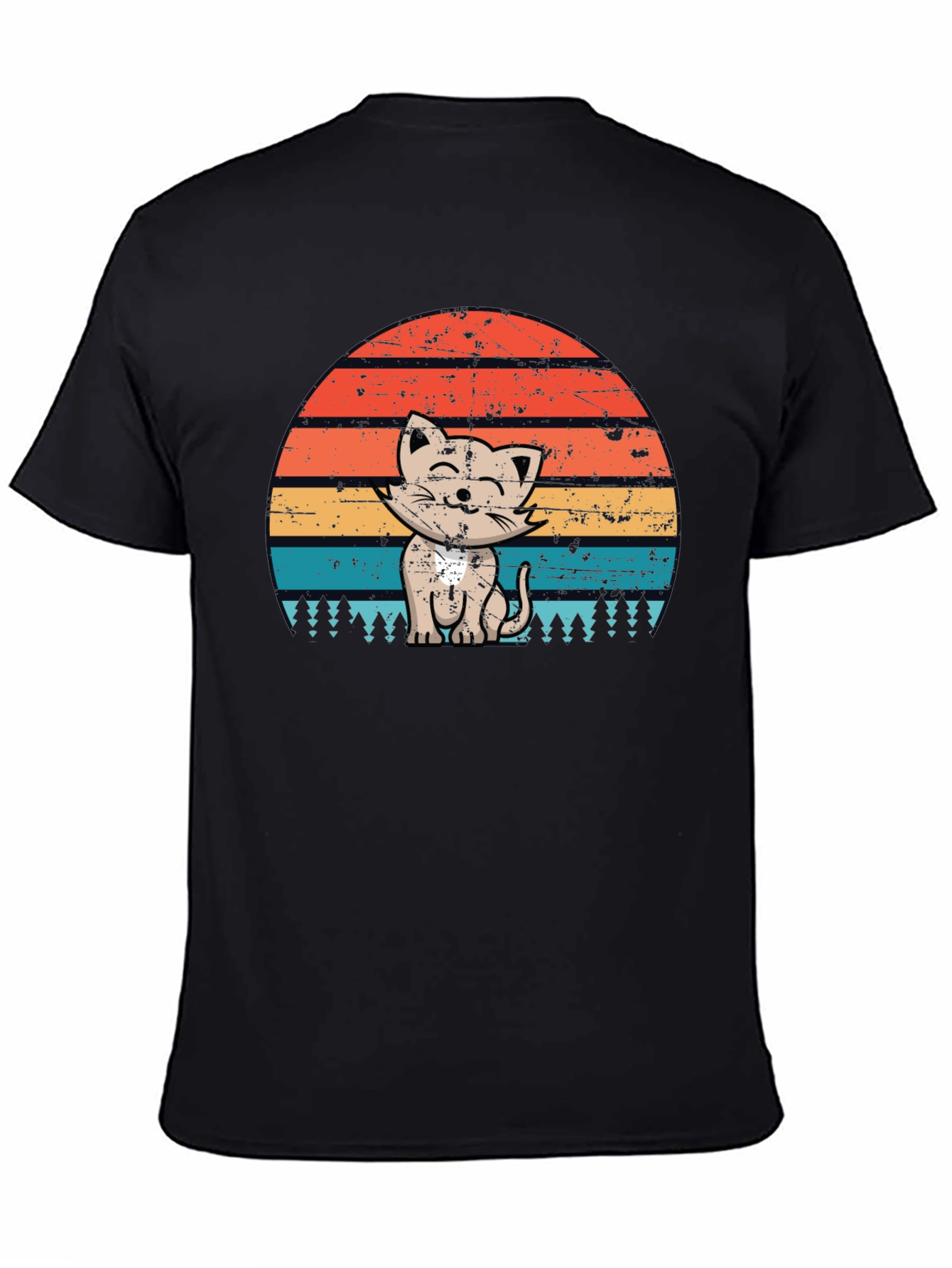 Retro Cat Sunset Graphic Tee - Black