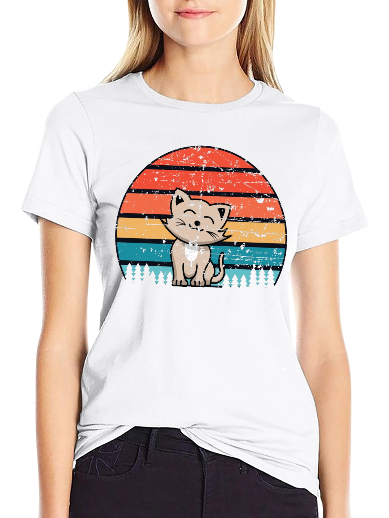 Retro Cat Sunset Graphic Tee - Black