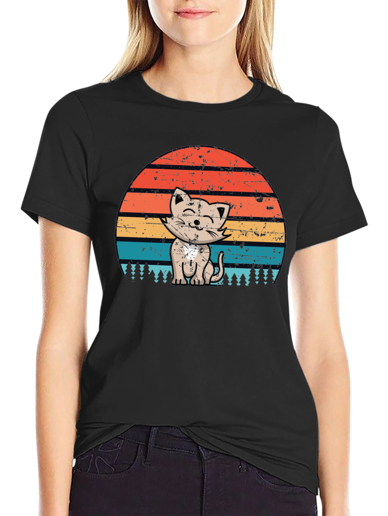 Retro Cat Sunset Graphic Tee - Black