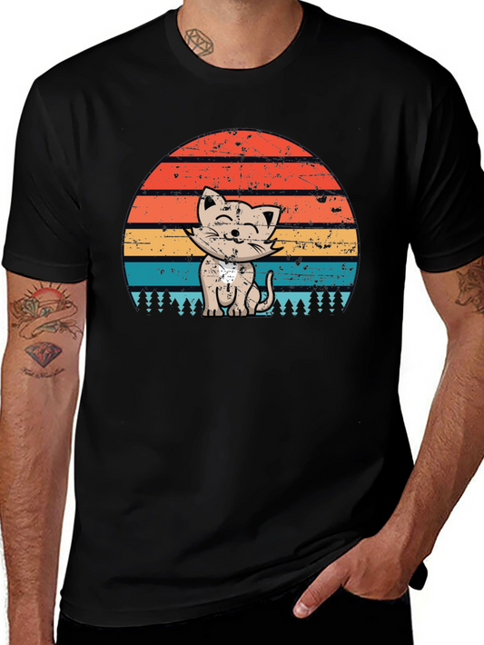 Retro Cat Sunset Graphic Tee - Black