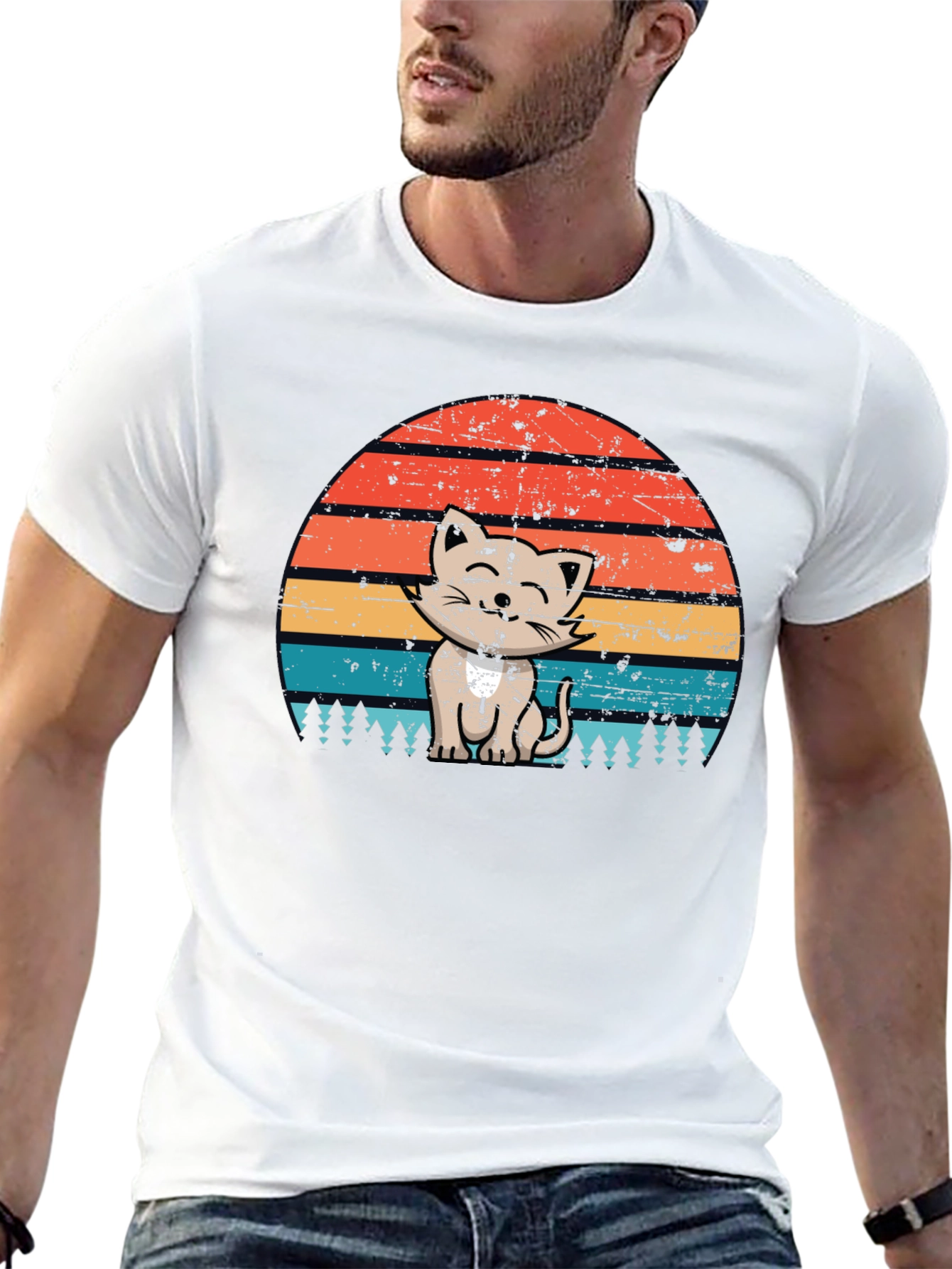 Retro Cat Sunset Graphic Tee - Black