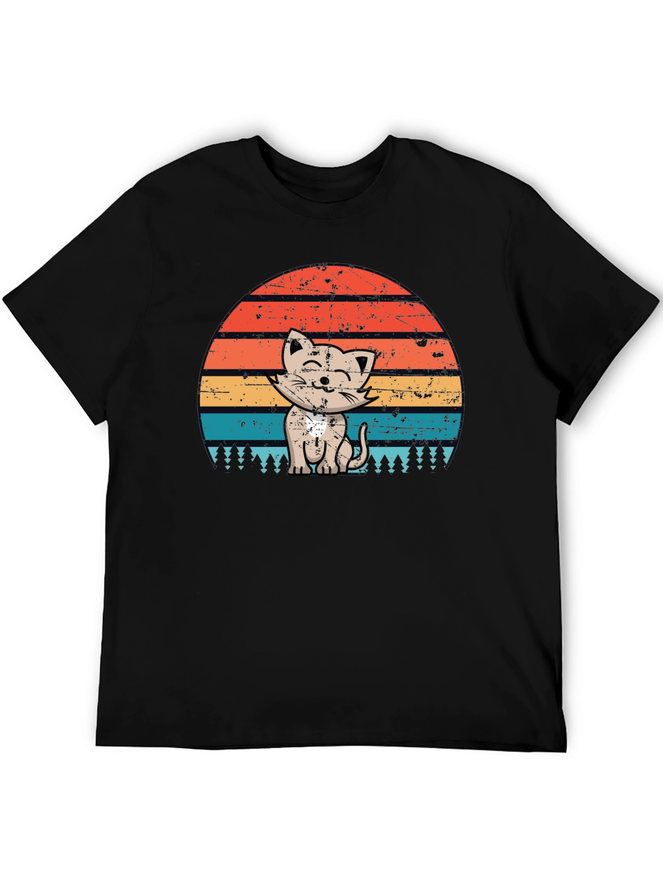 Retro Cat Sunset Graphic Tee - Black