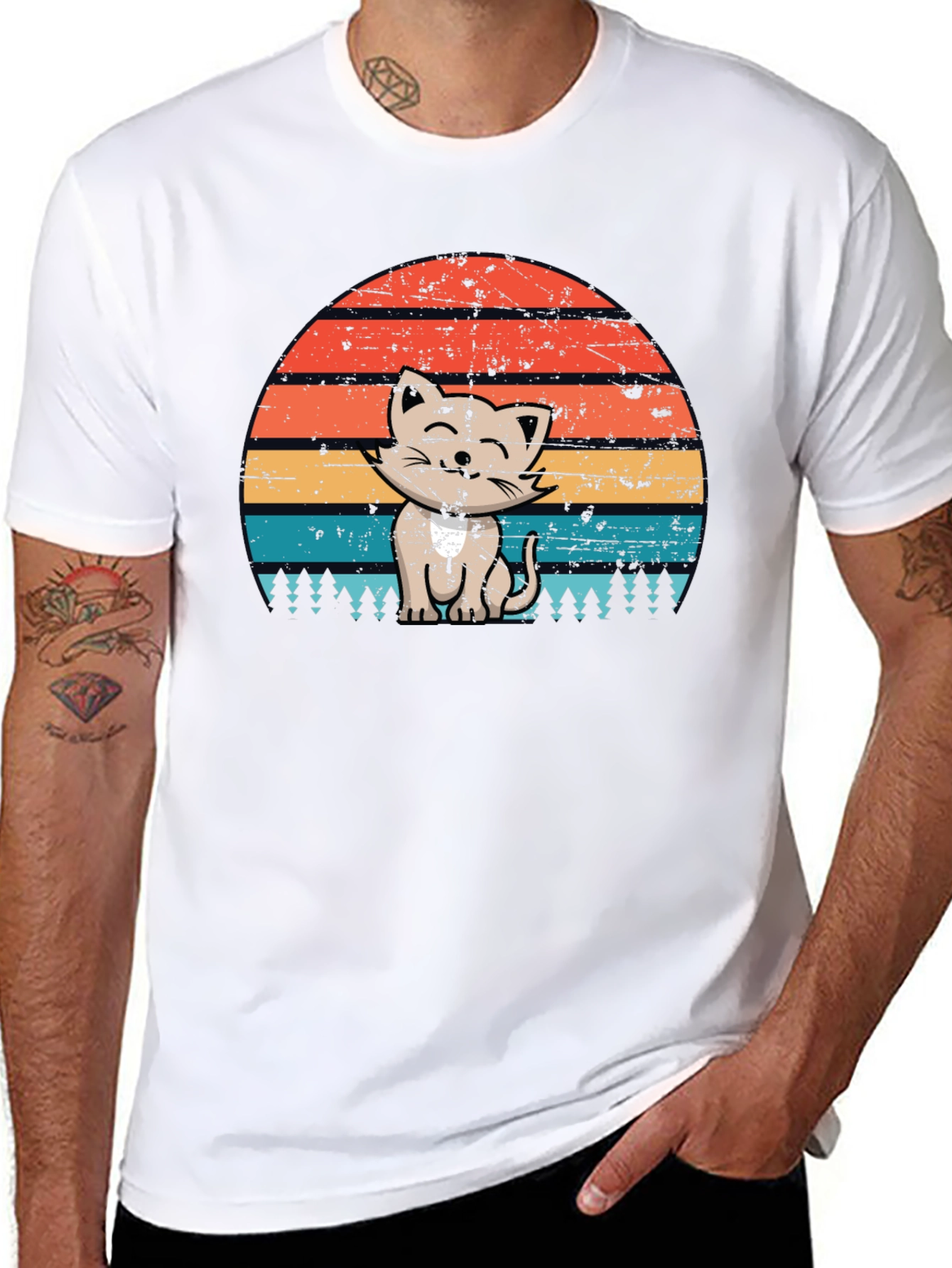 Retro Cat Sunset Graphic Tee - Black
